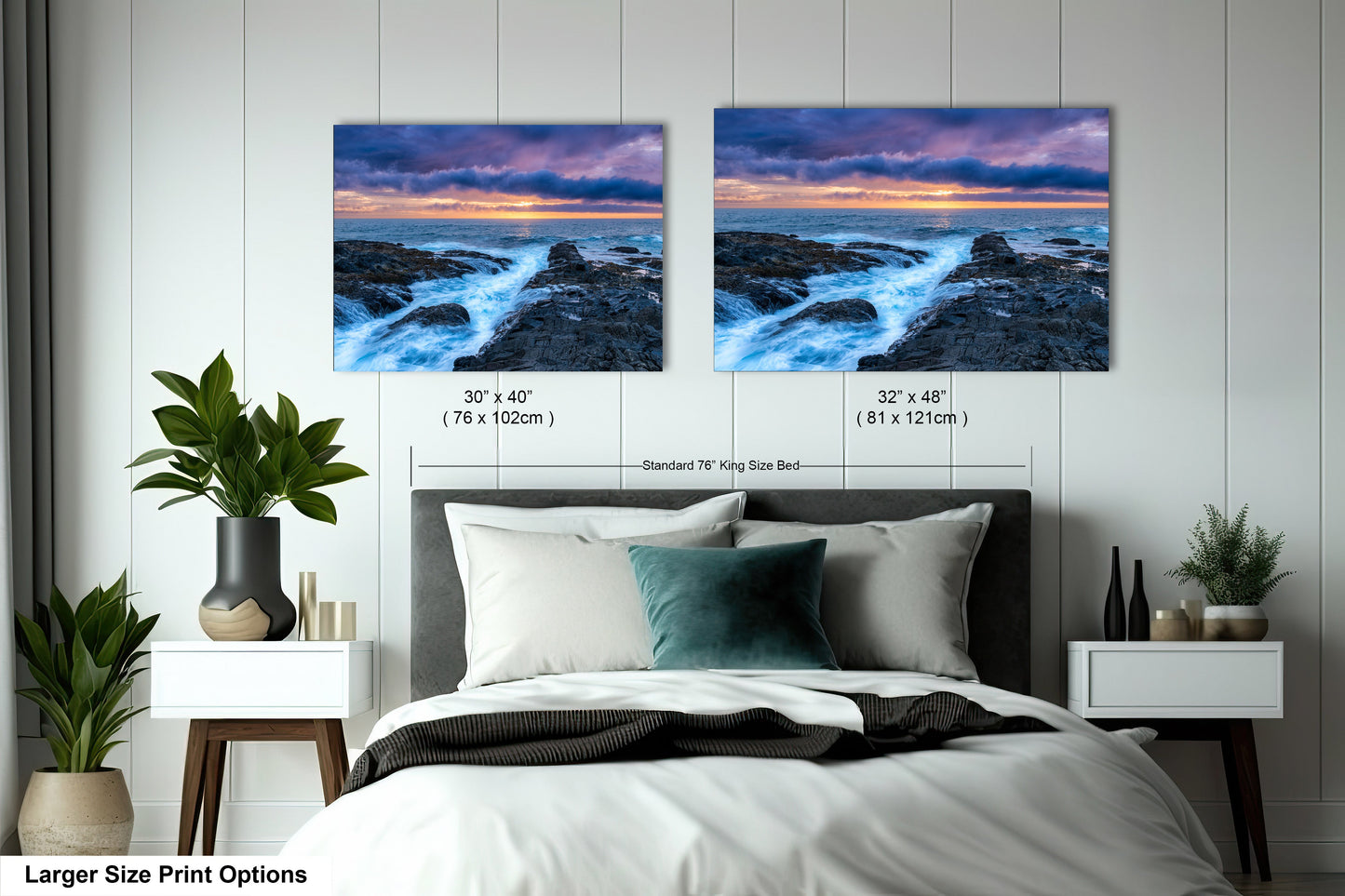 a bedroom with a bed and two pictures on the wall