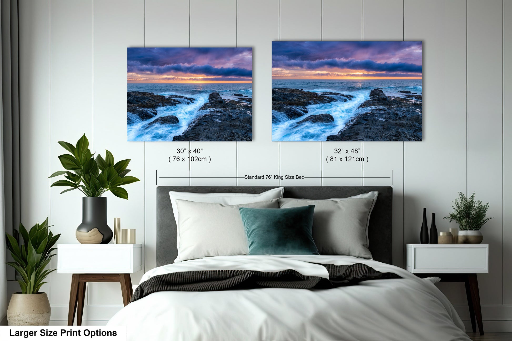 a bedroom with a bed and two pictures on the wall