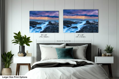 a bedroom with a bed and two pictures on the wall