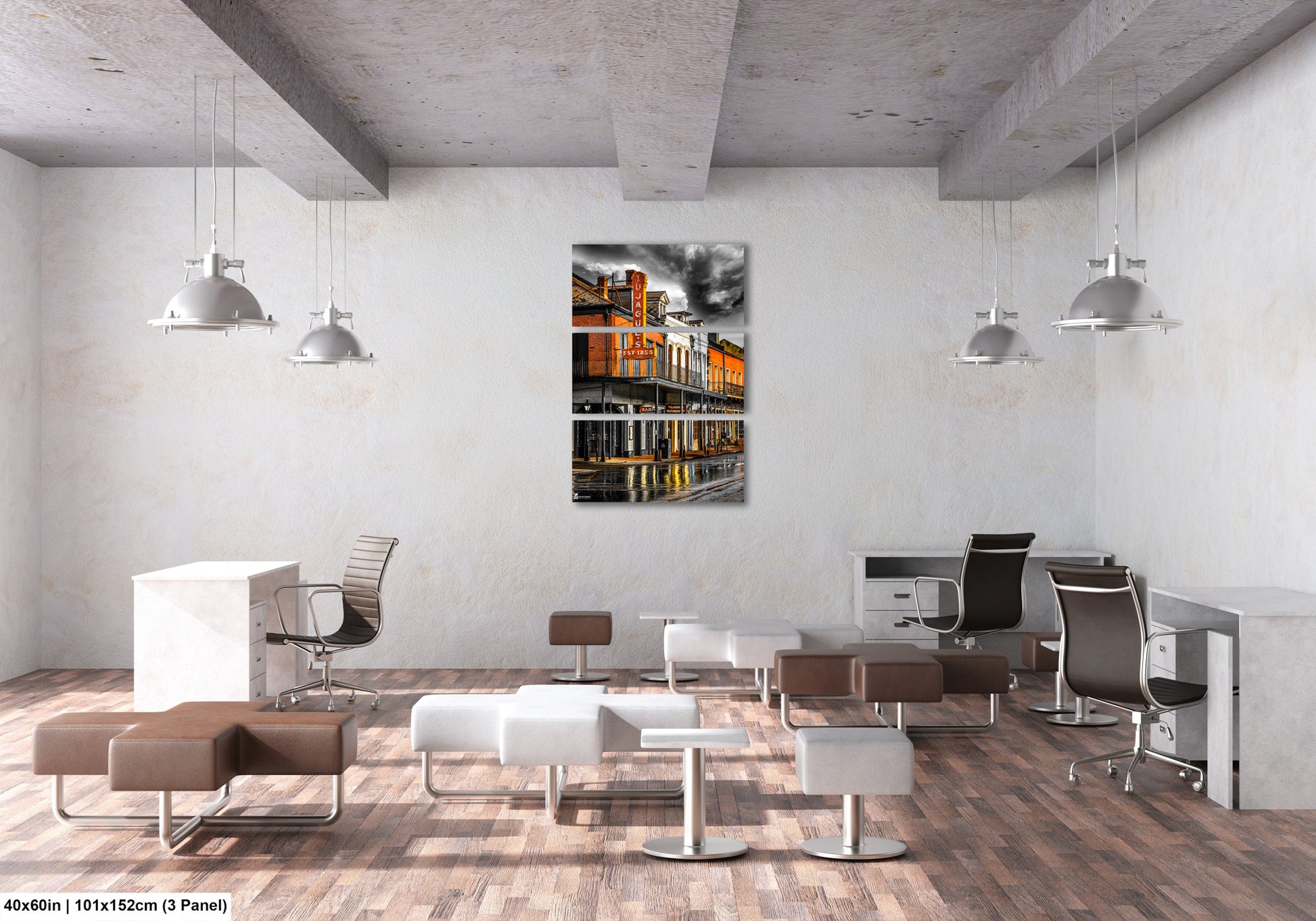 a room with a lot of chairs and a painting on the wall