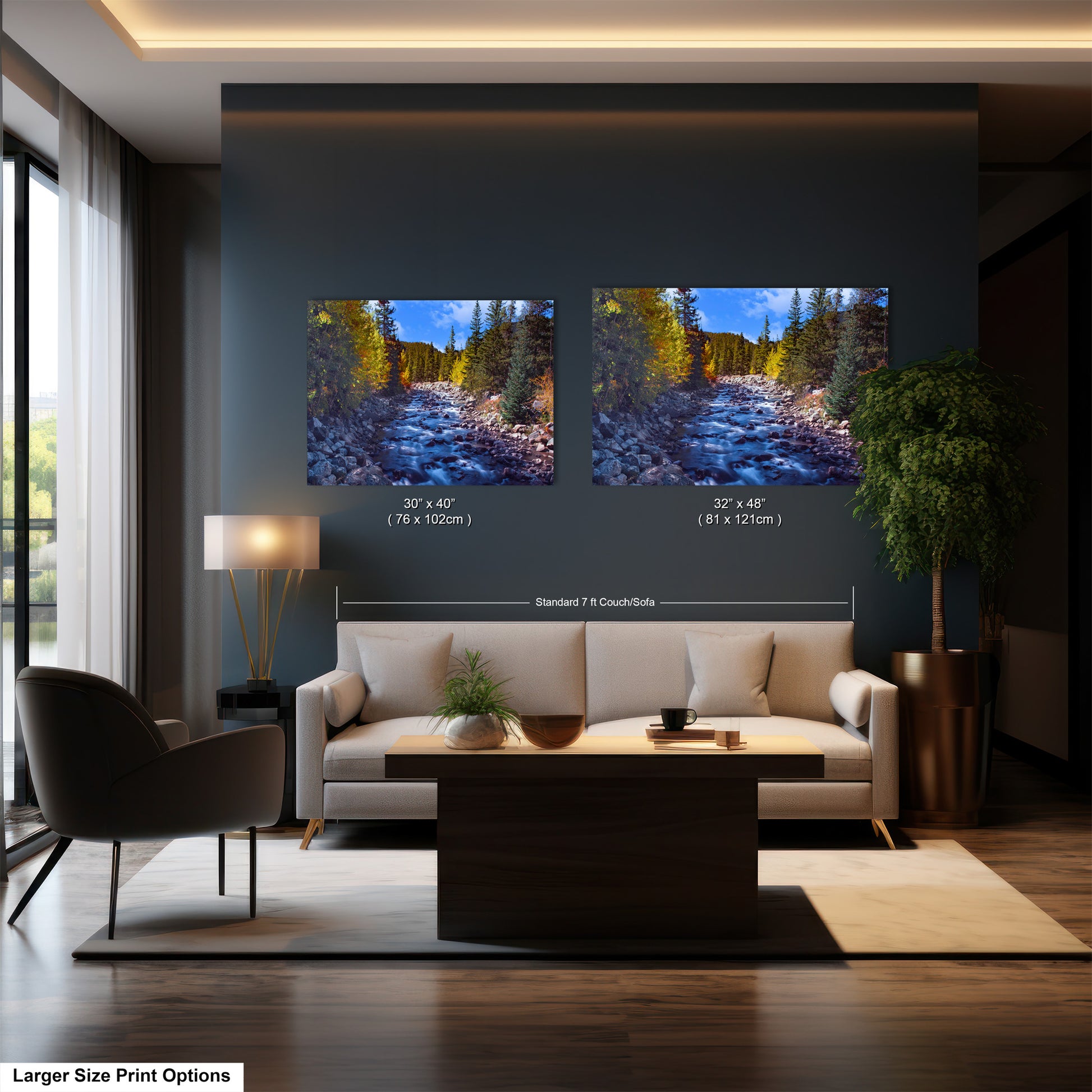 a living room filled with furniture and a painting on the wall