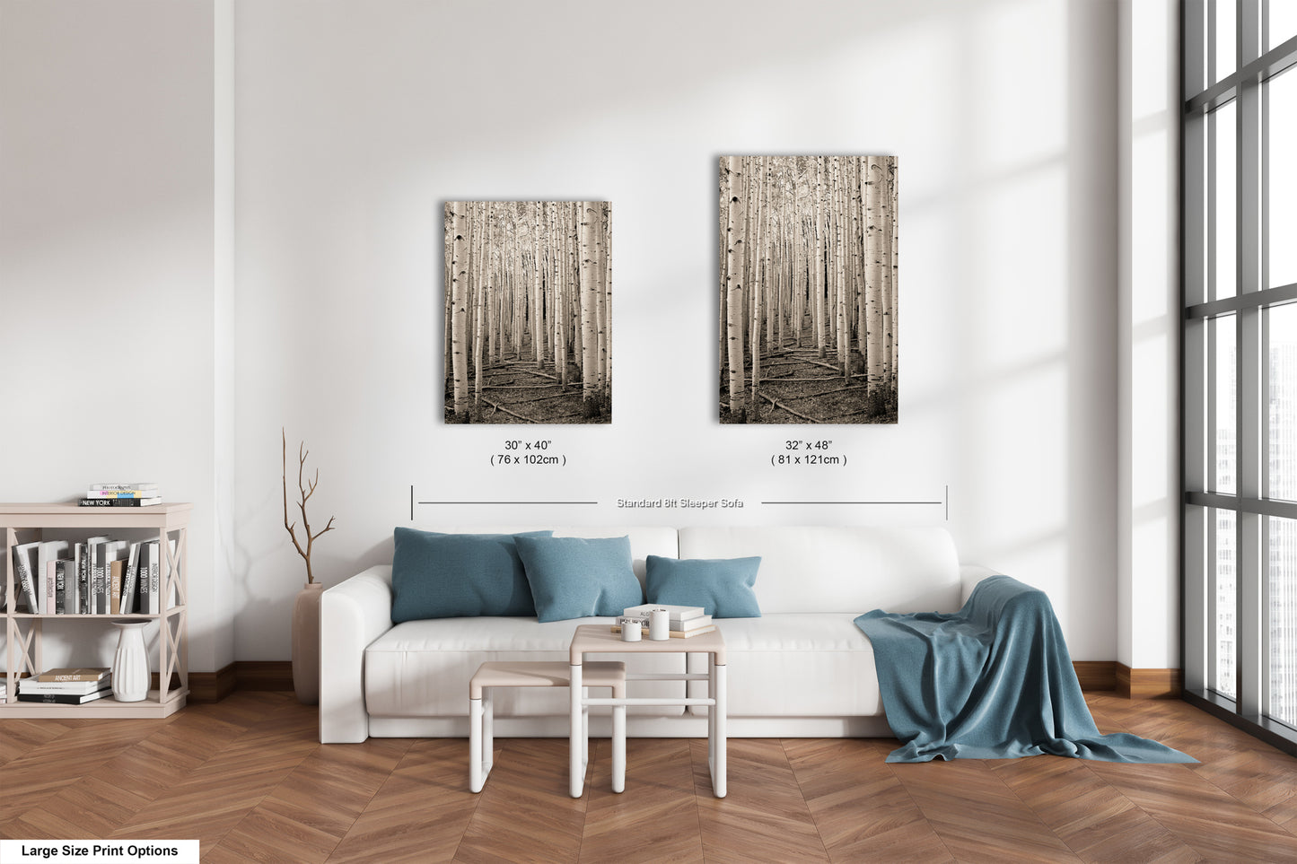 a living room with a white couch and two pictures on the wall