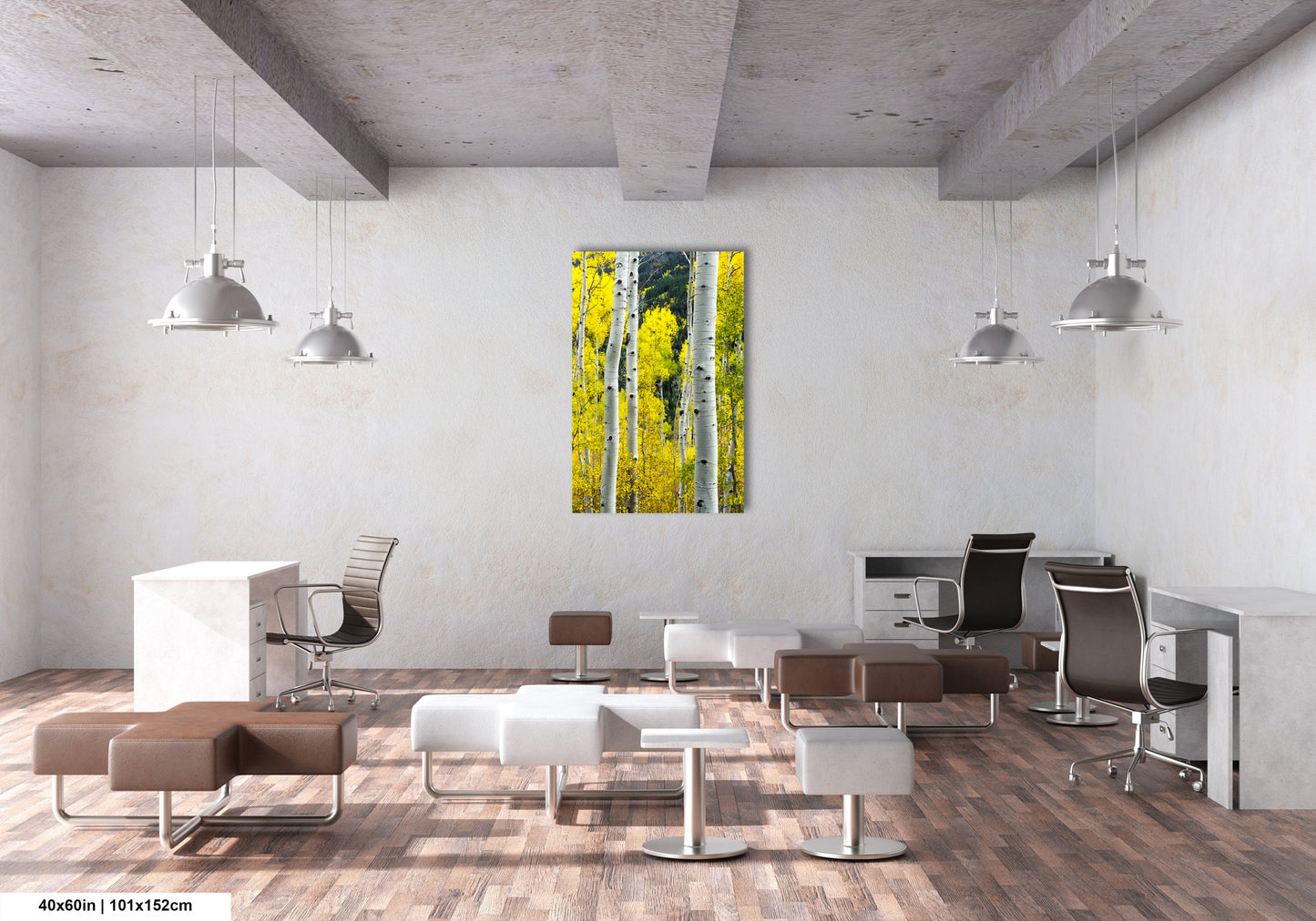 a room with a lot of chairs and a painting on the wall