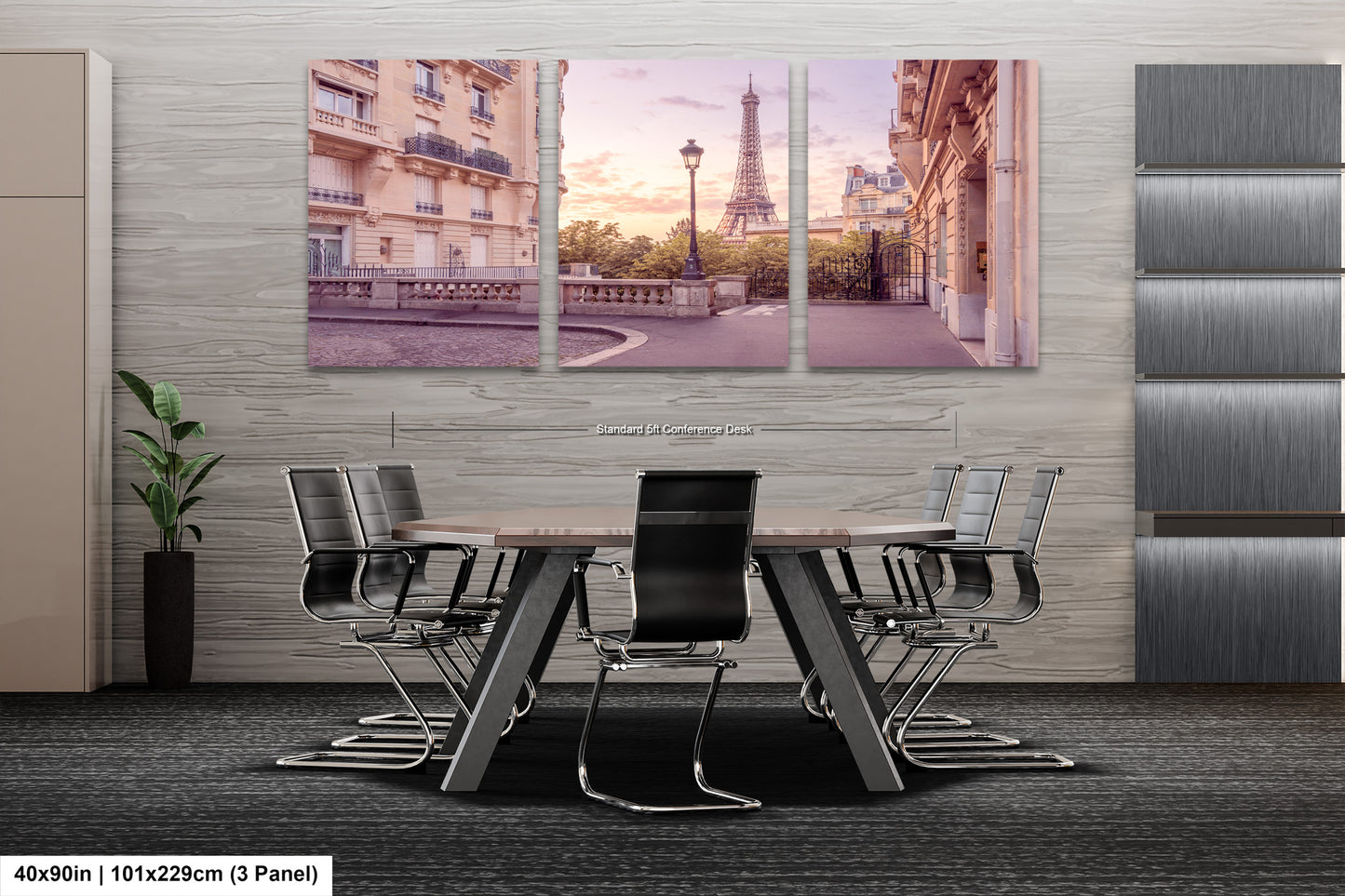 a dining room table with chairs and a picture of the eiffel tower in