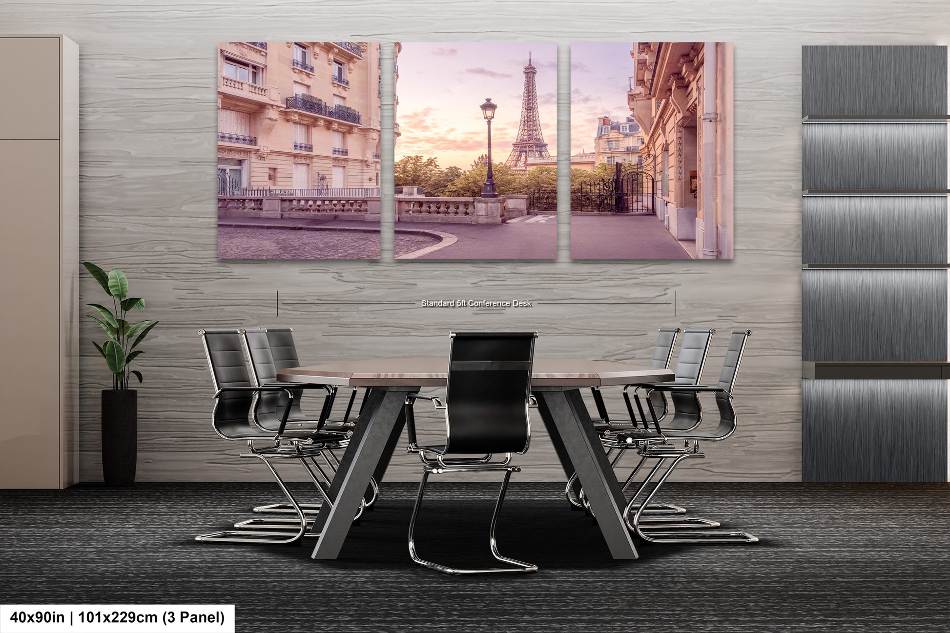 a dining room table with chairs and a picture of the eiffel tower in