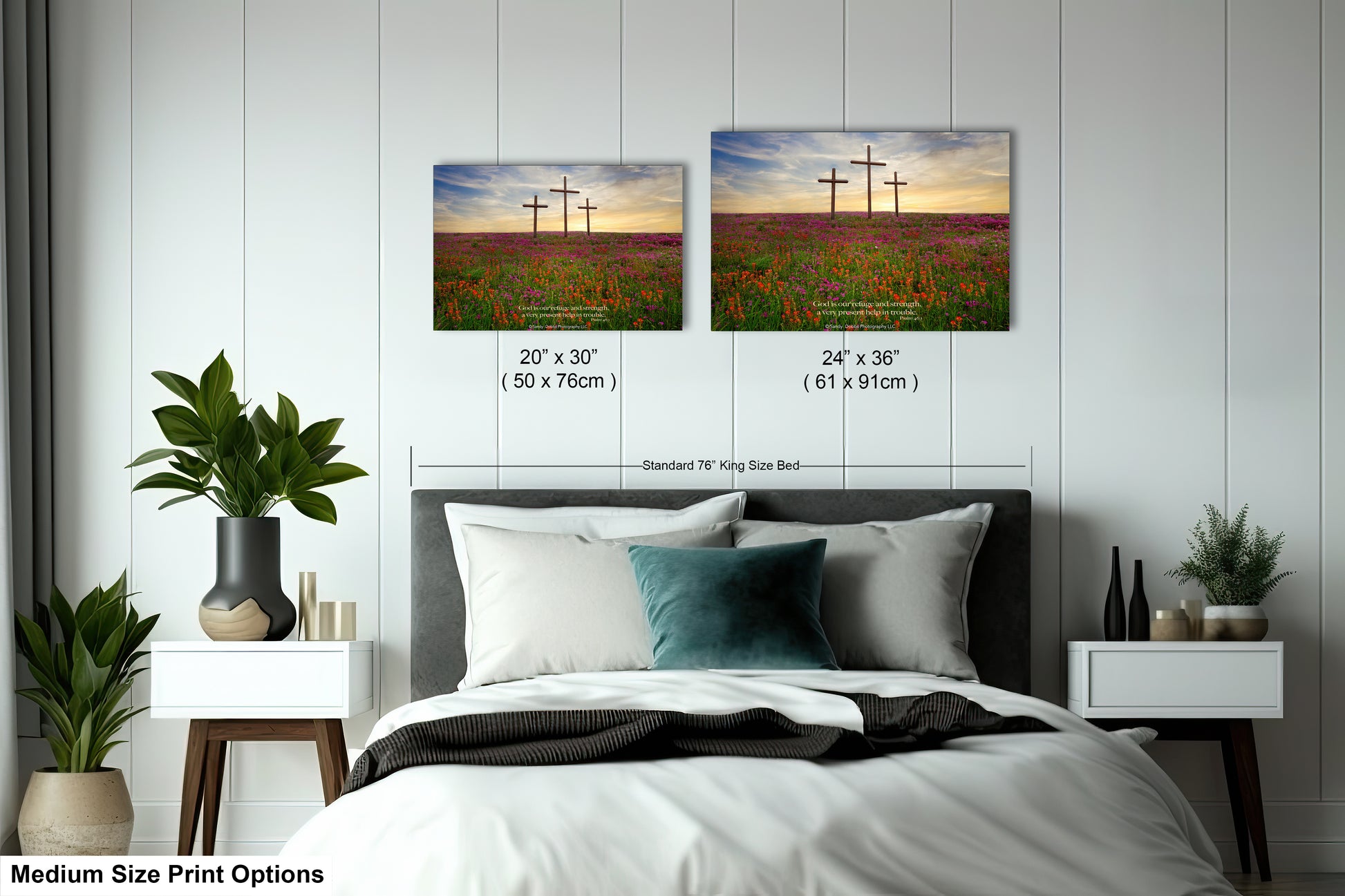 a bedroom with a bed and two pictures on the wall