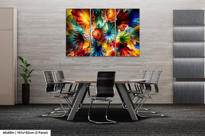 a modern office space with a large, colorful abstract painting hanging on the wall above a conference table surrounded by chairs.