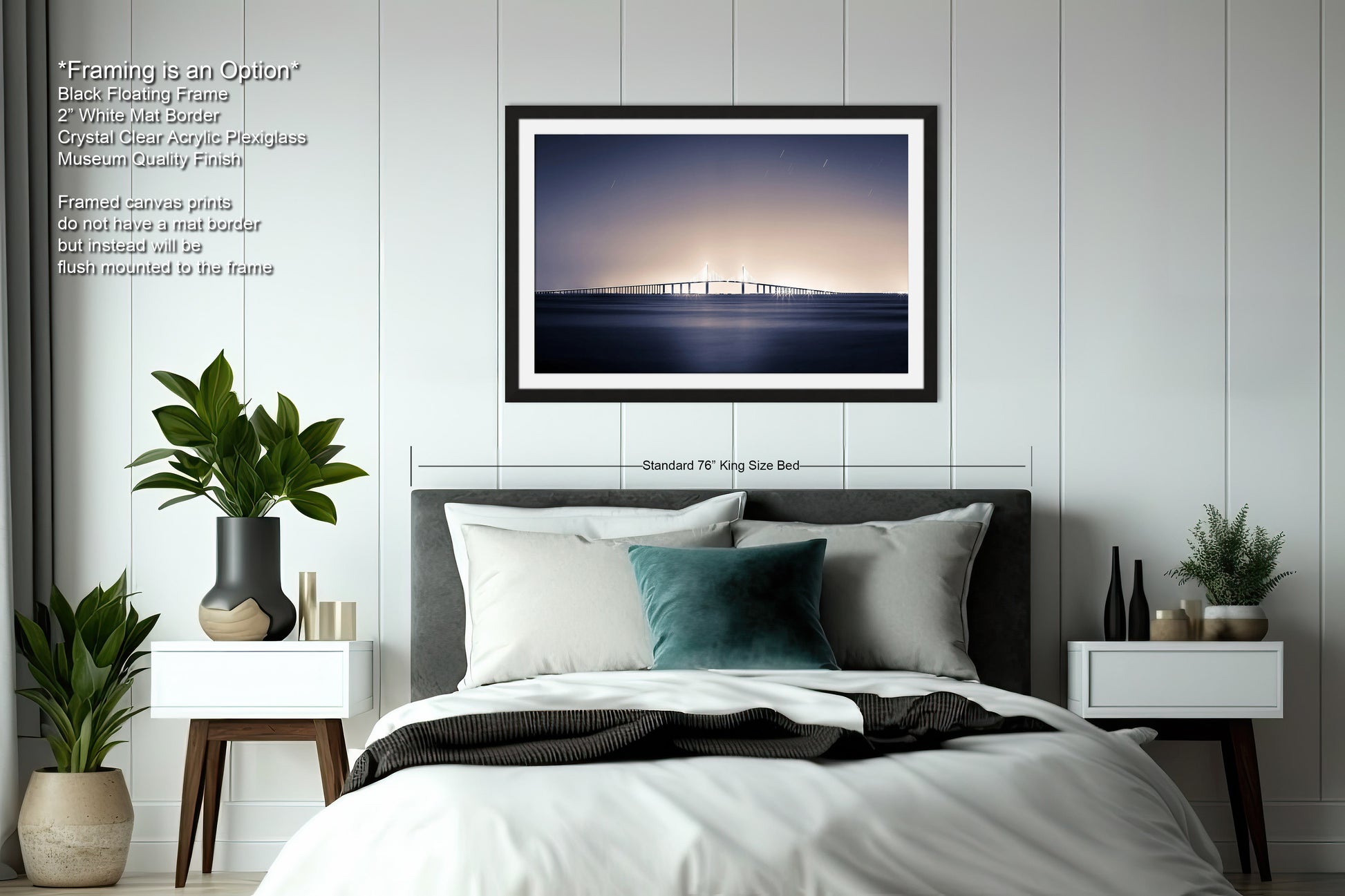 a bedroom with a bed and a picture on the wall