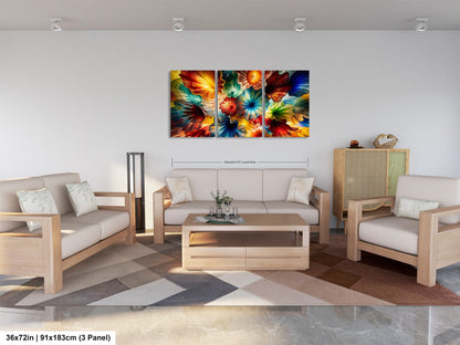 a modern living room with a large, colorful abstract painting hanging on the wall above a wooden coffee table. The room is furnished with a sofa, two chairs, and a wooden cabinet. The painting is a three-panel artwork with vibrant colors and dynamic brushstrokes.
