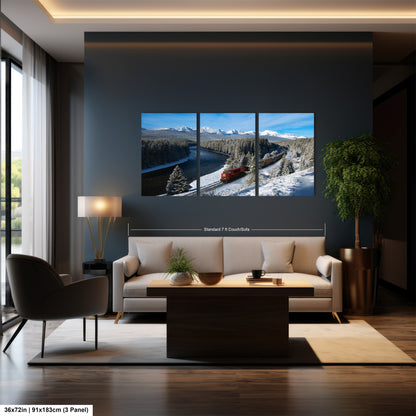 A modern living room with a large, three-panel landscape painting depicting a snowy mountain scene with a train passing through.