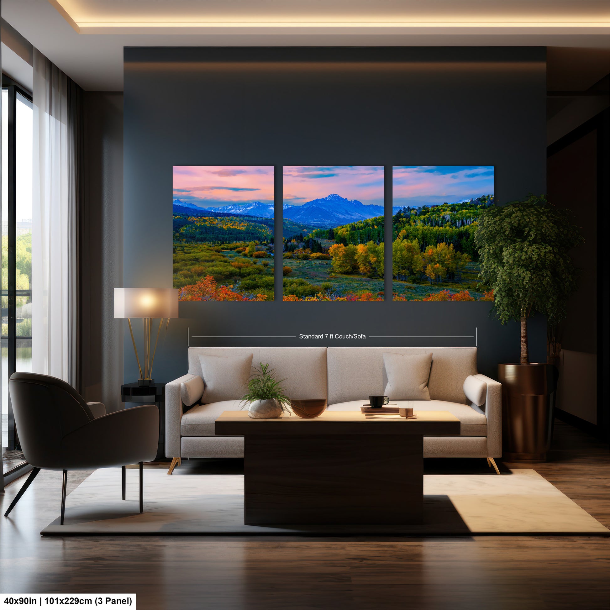 a living room filled with furniture and a painting on the wall