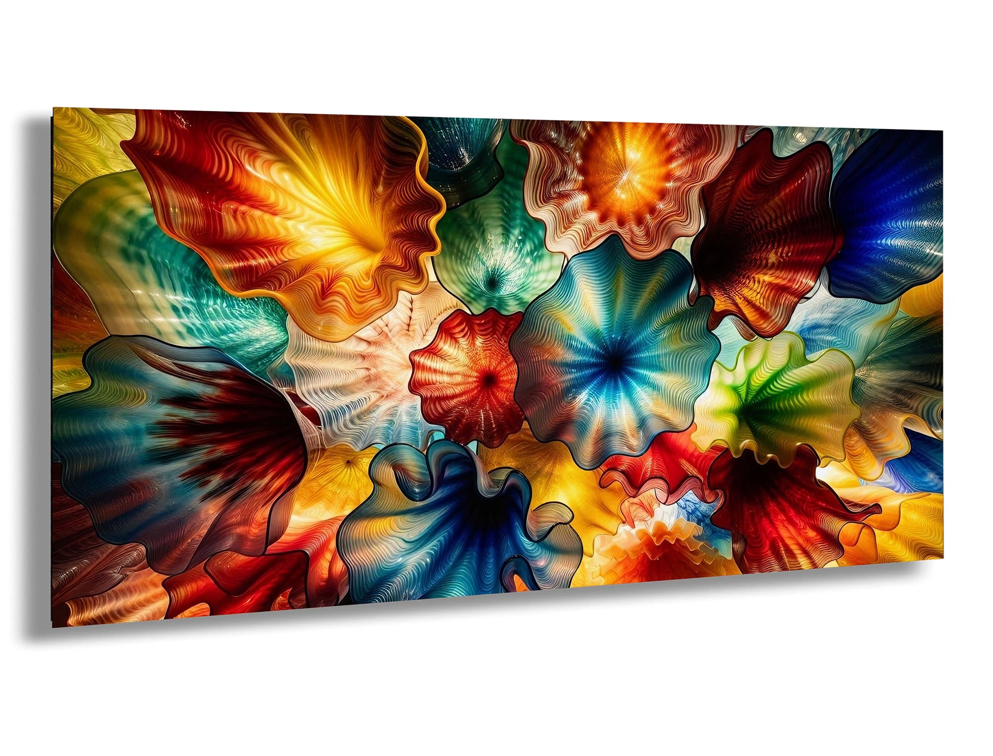 The image is a vibrant and colorful abstract artwork composed of various shapes and patterns, including flowers, leaves, and other organic forms. The colors are bright and vivid, creating a visually striking and dynamic composition.