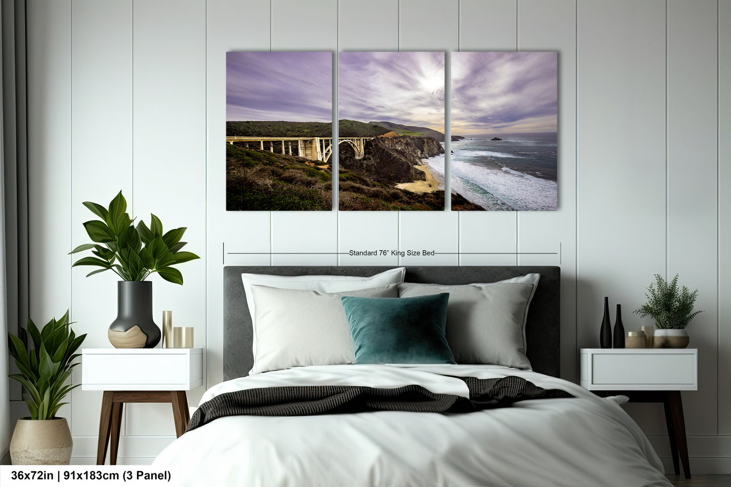 a bedroom with a bed and two paintings on the wall