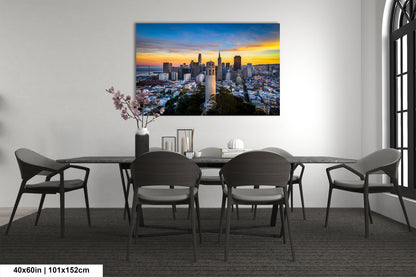 a dining room table with a view of a city