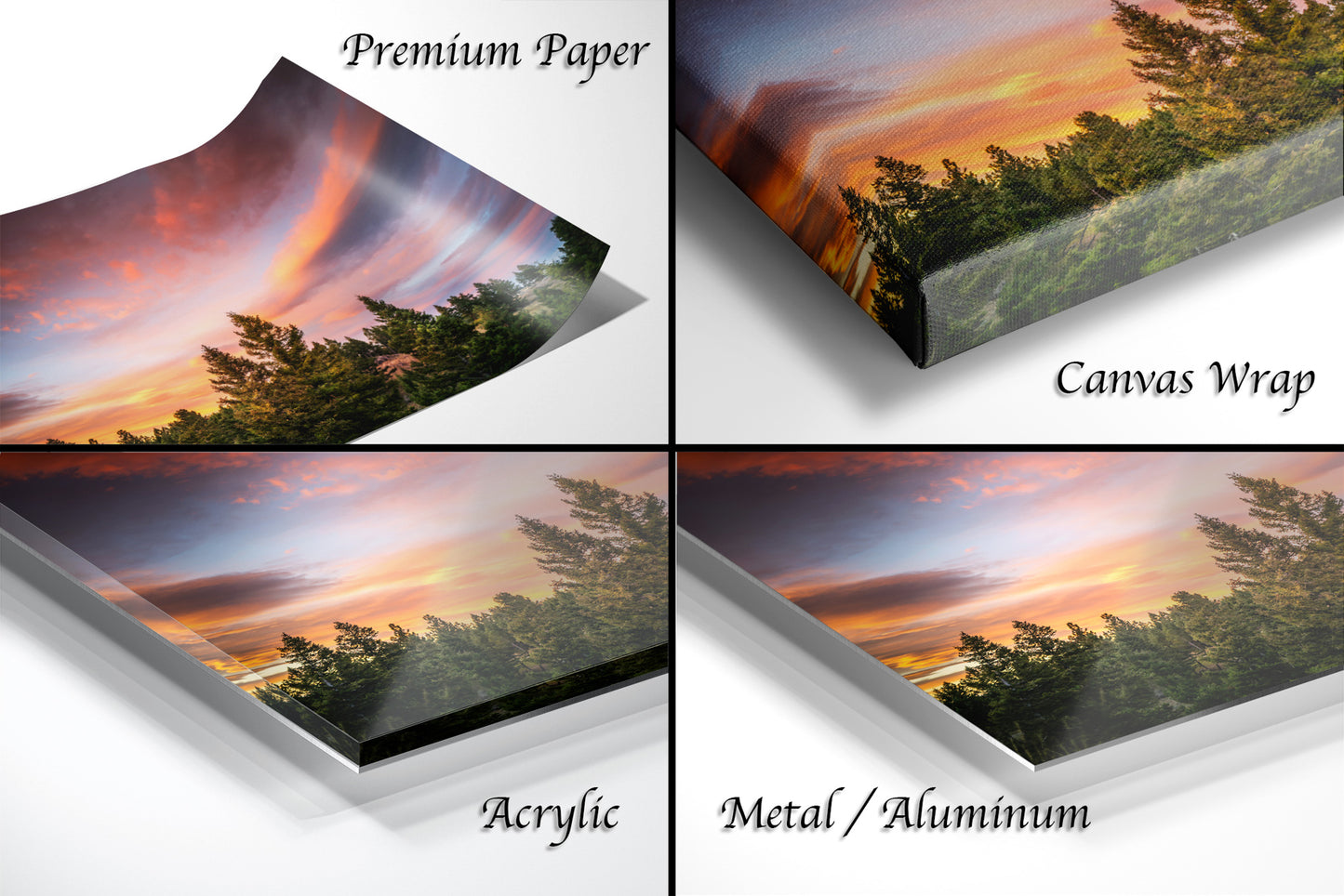 a series of four photos of a sunset with trees