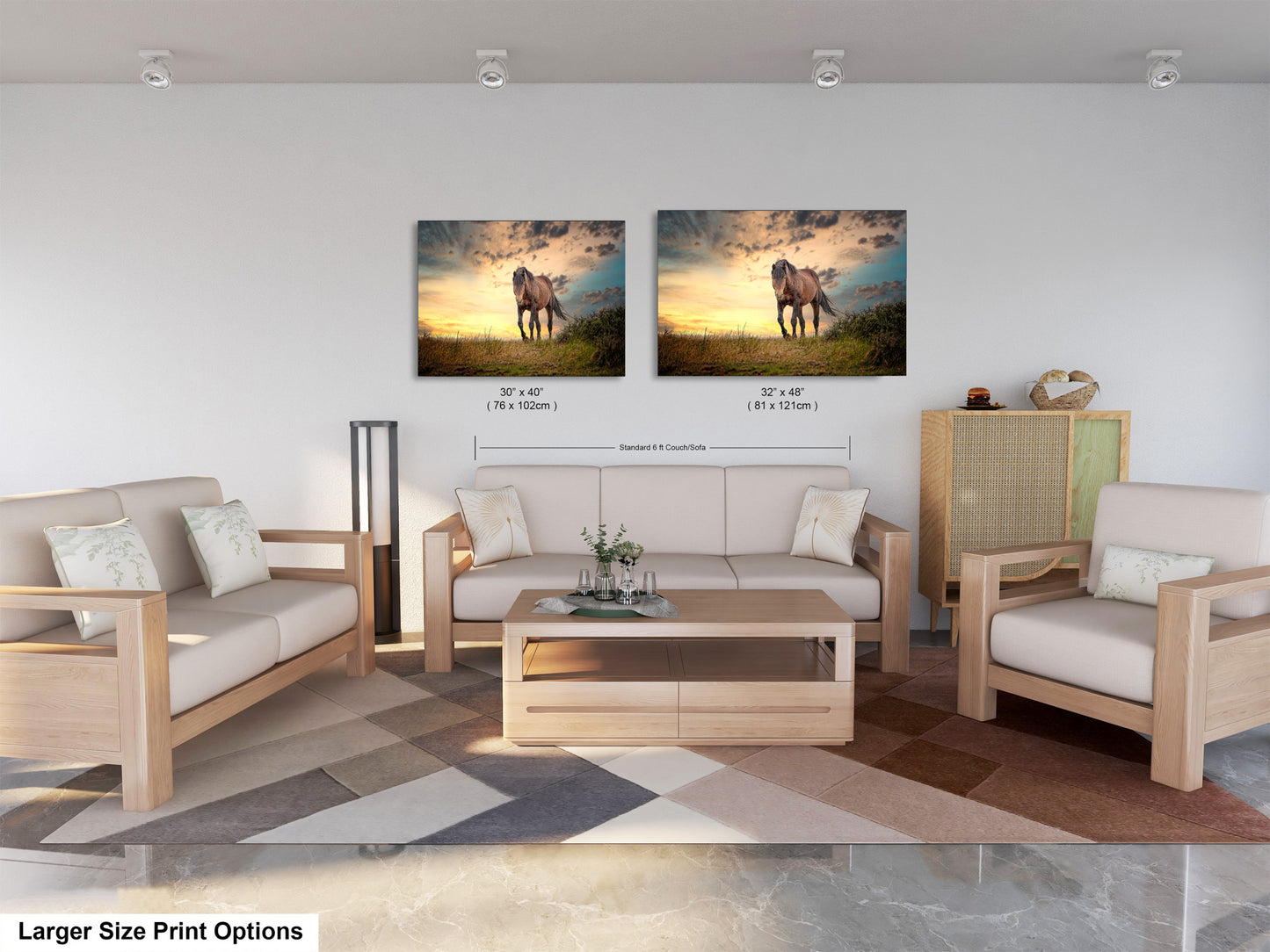 a living room with two pictures of horses on the wall
