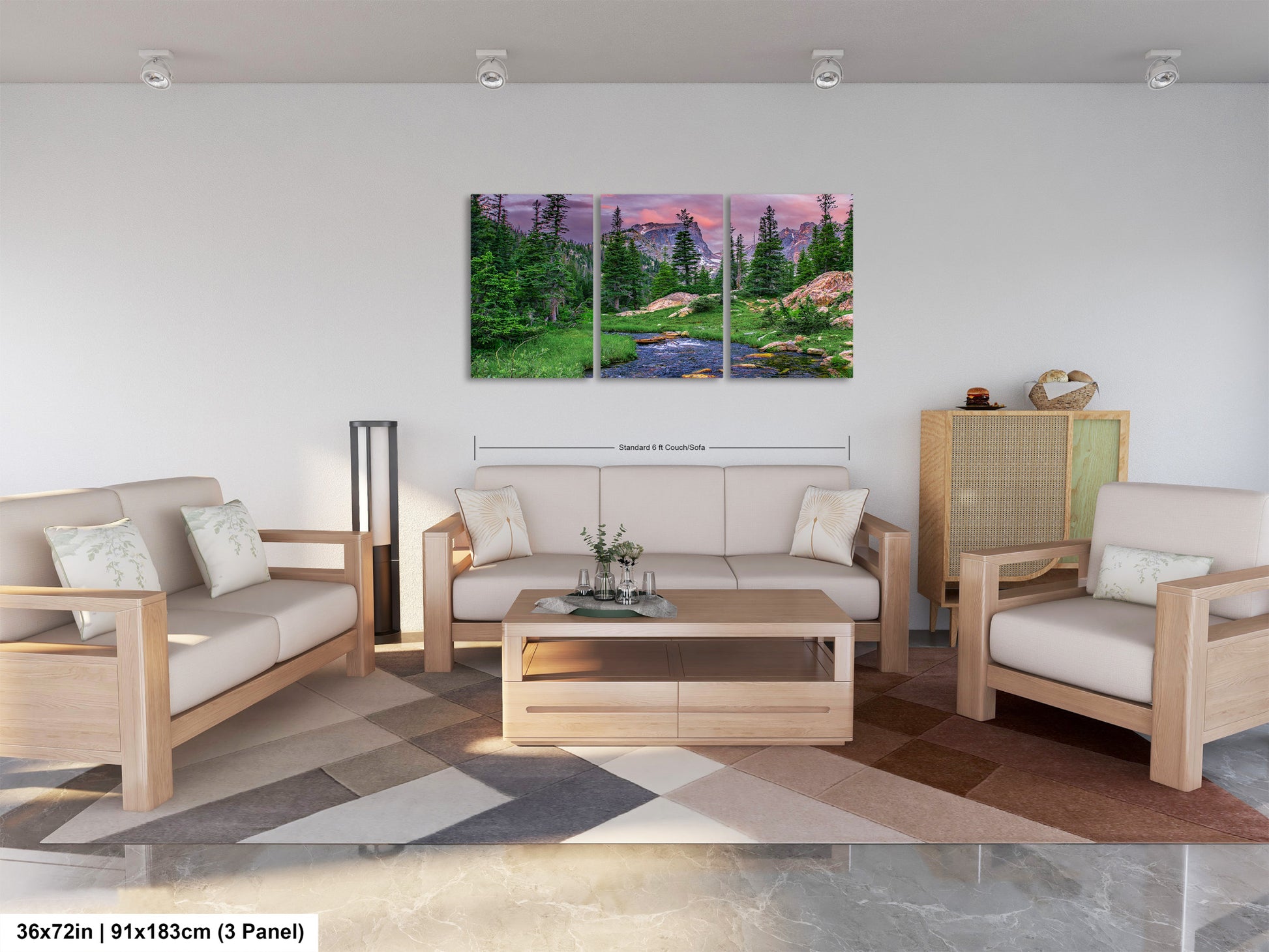 a living room filled with furniture and a painting on the wall