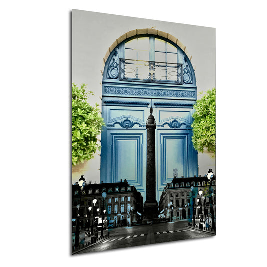 a painting of a blue building with a clock tower