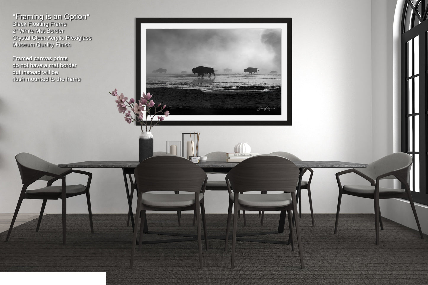 a black and white photo of a table and chairs