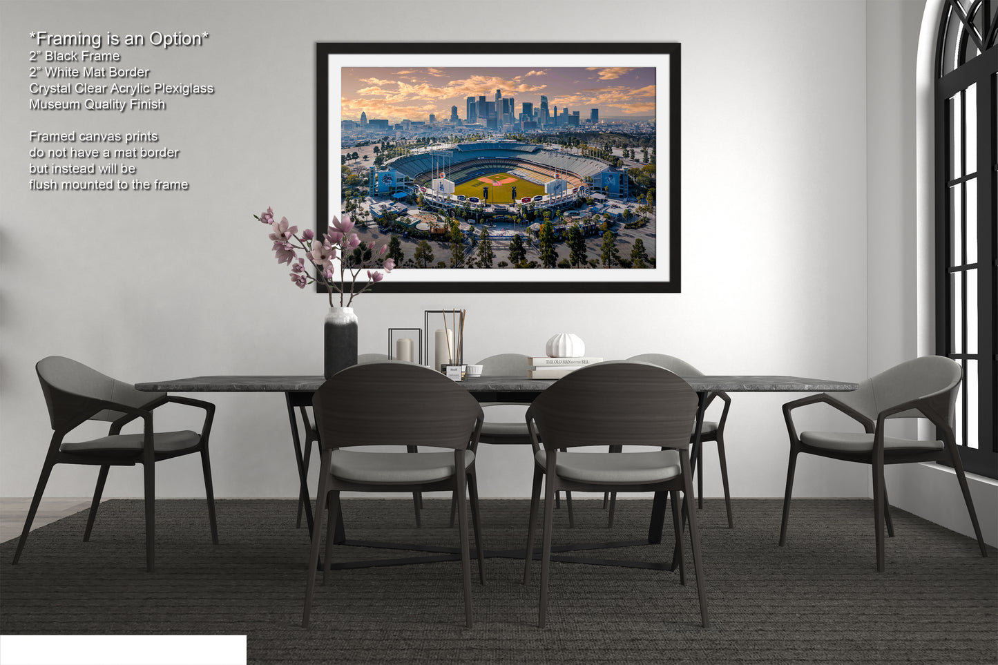 a picture of a dining room with a view of a stadium