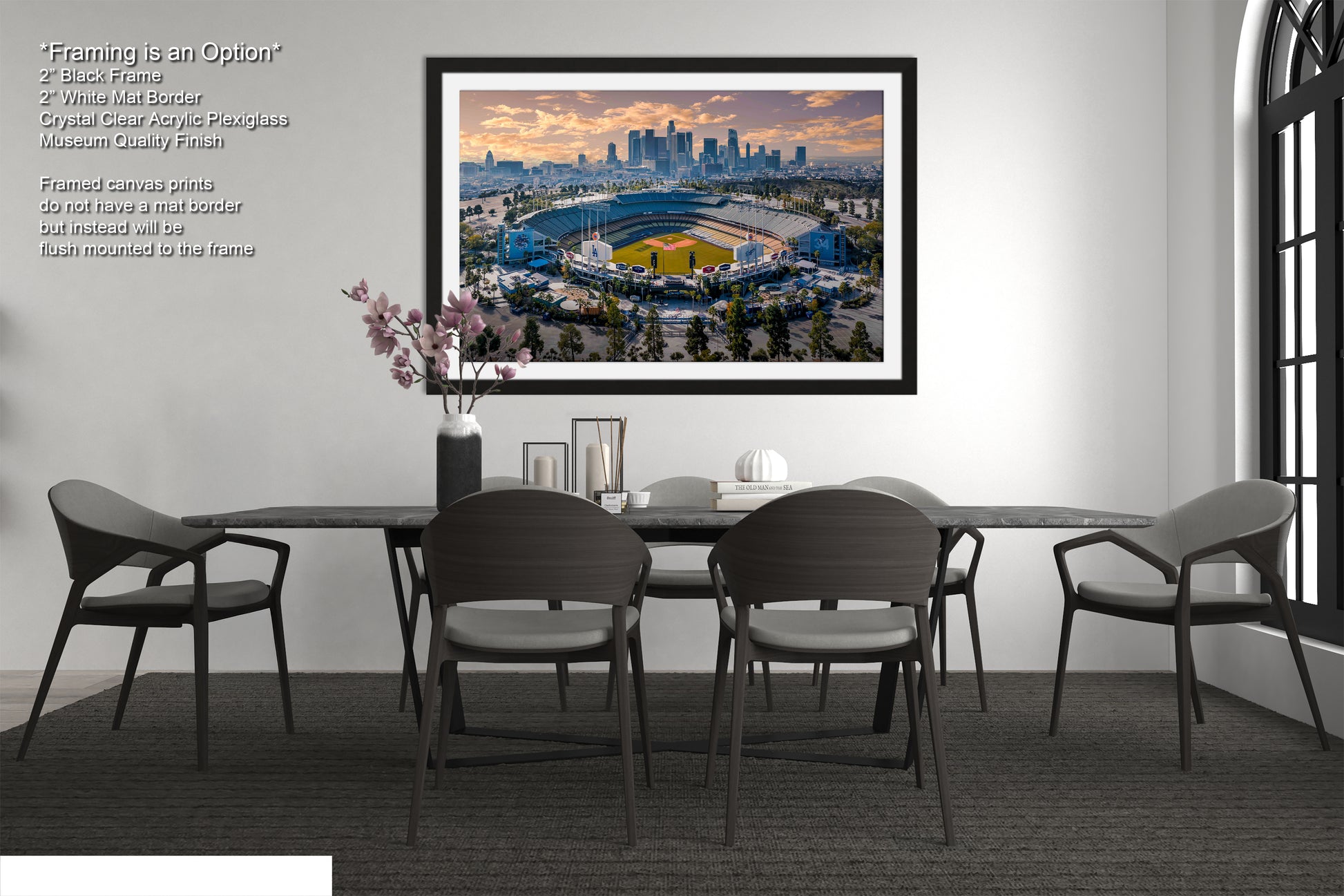 a picture of a dining room with a view of a stadium