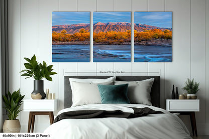 a bed room with a neatly made bed and two paintings on the wall