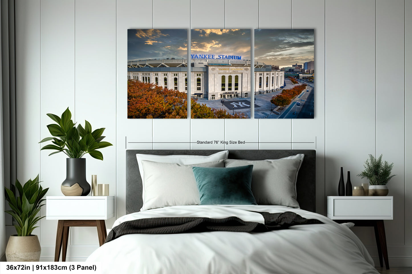 a bedroom with a bed and two pictures on the wall