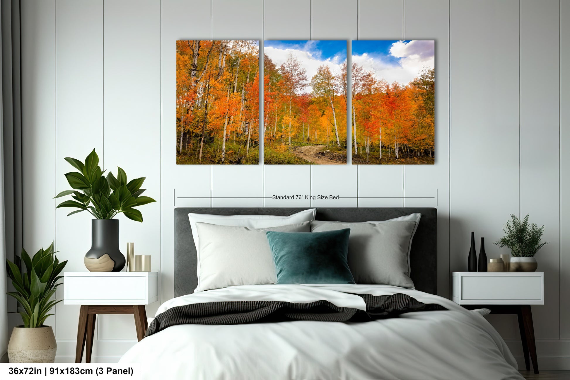 a bedroom scene with a bed and two paintings on the wall