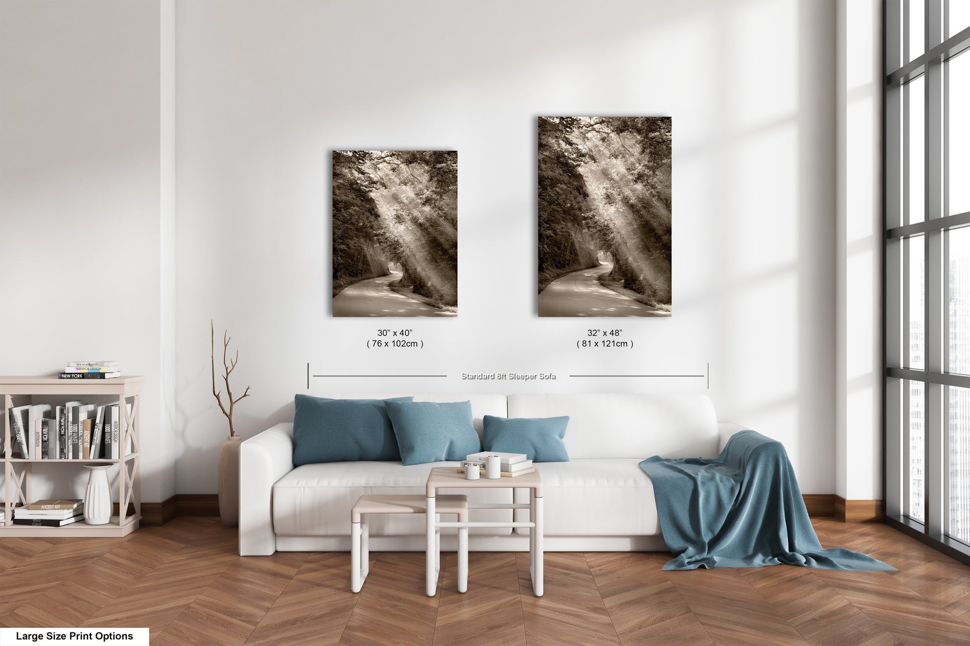 a living room with a white couch and two pictures on the wall