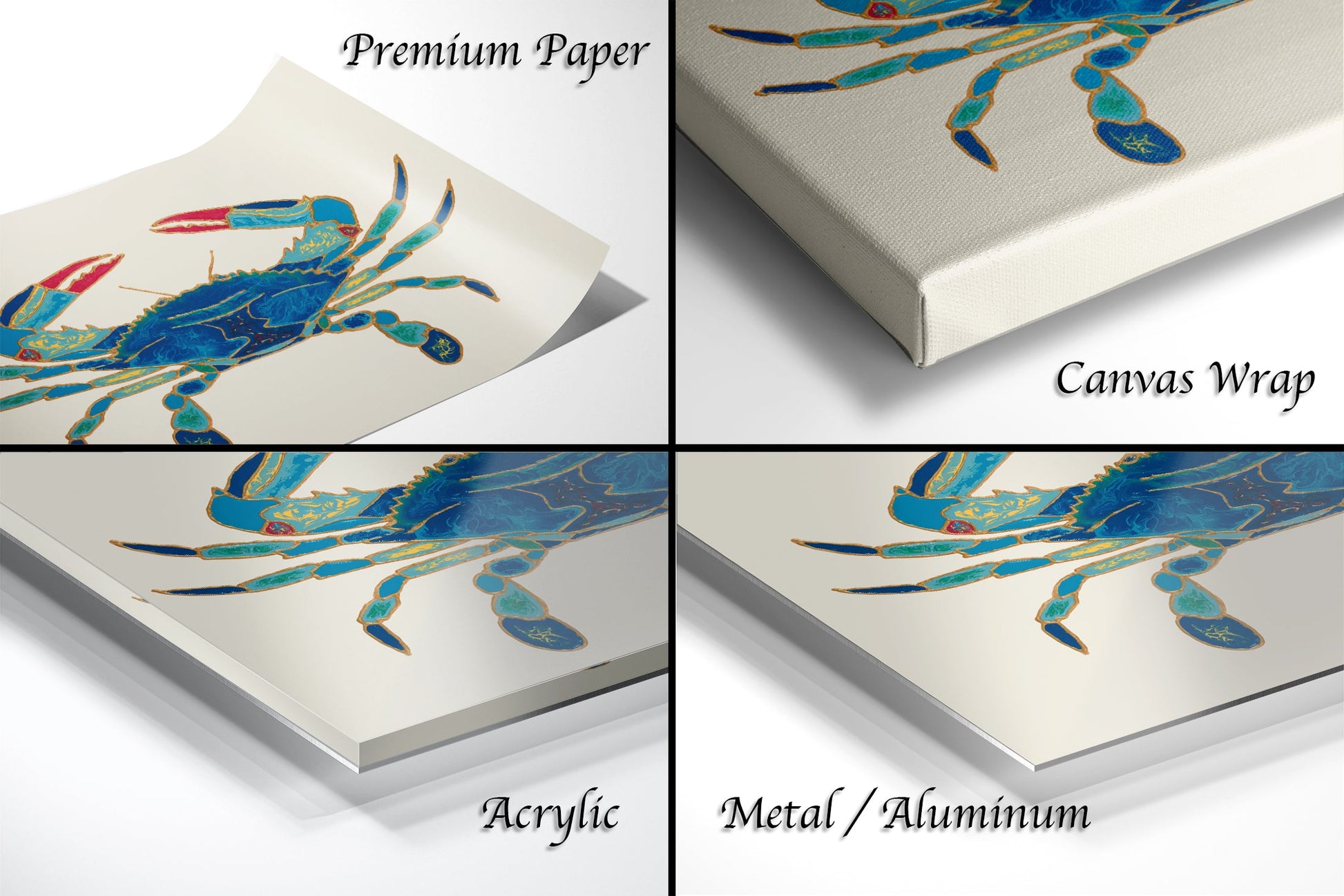 four images of a blue crab on a white background