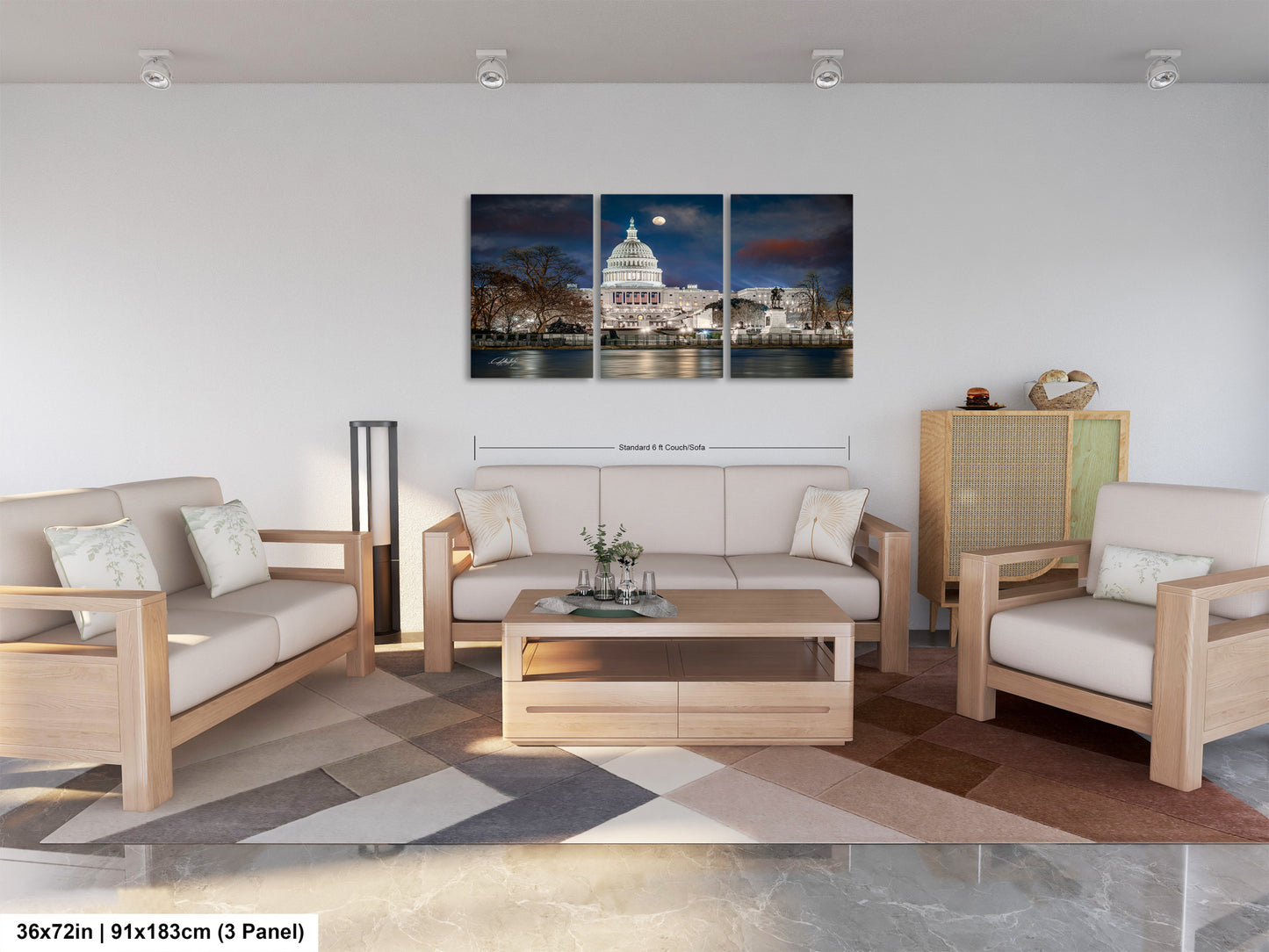 a living room filled with furniture and a painting on the wall
