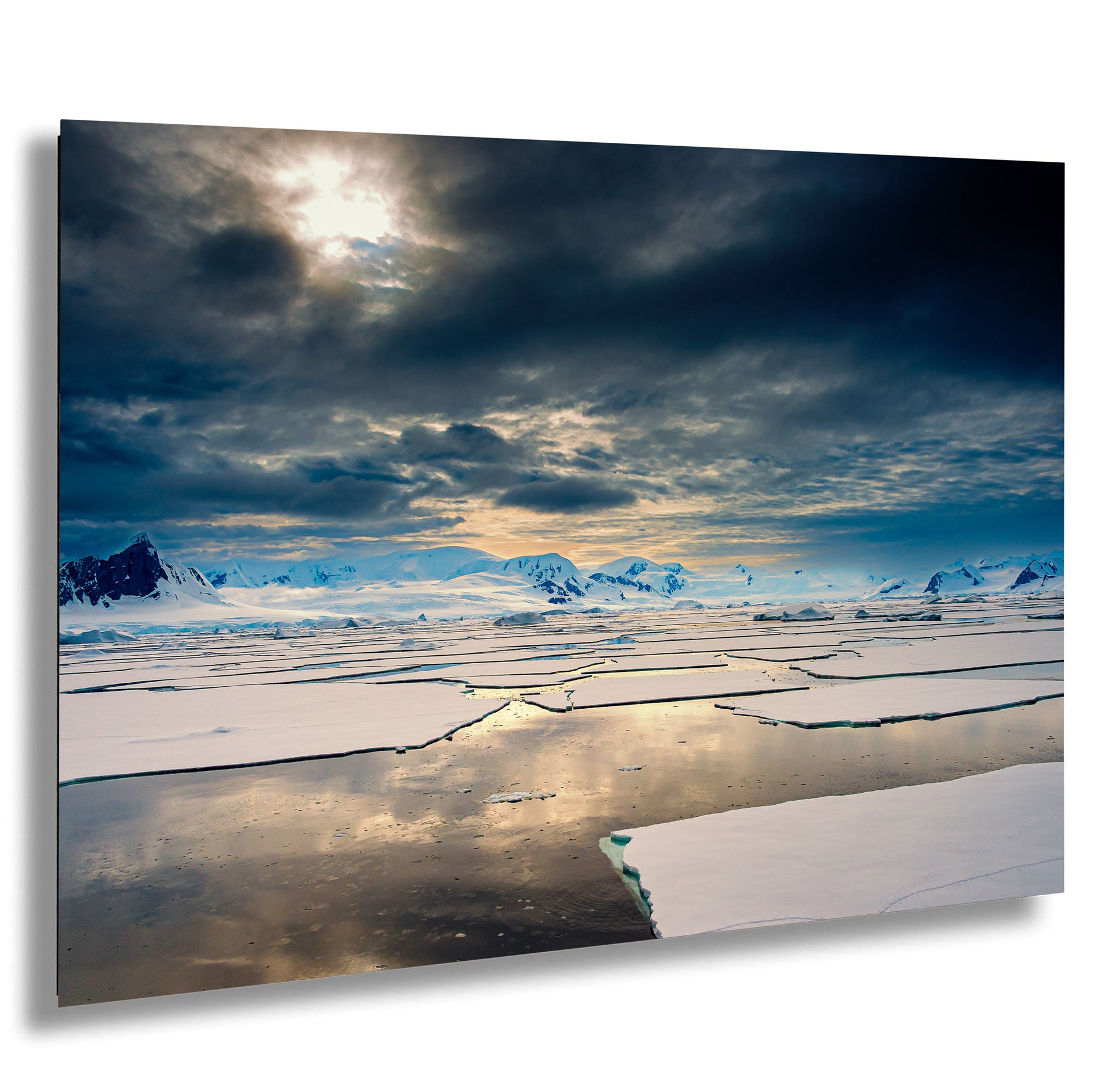 the sun is shining through the clouds over the ice