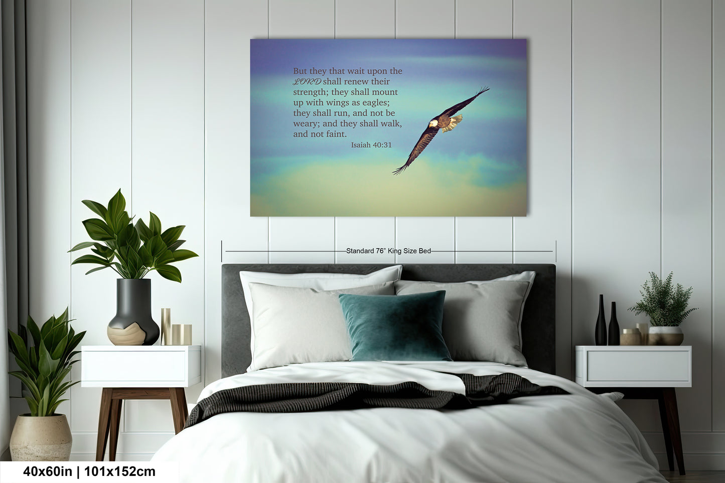 a bedroom with a bed and a painting on the wall