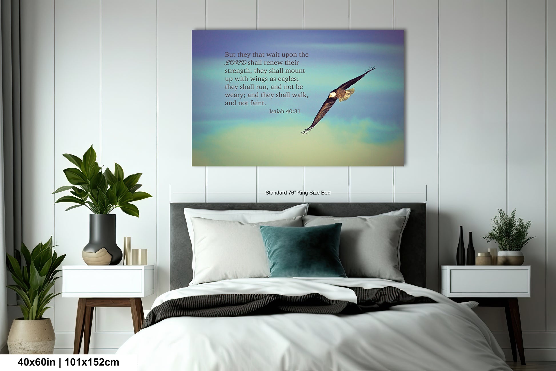 a bedroom with a bed and a painting on the wall