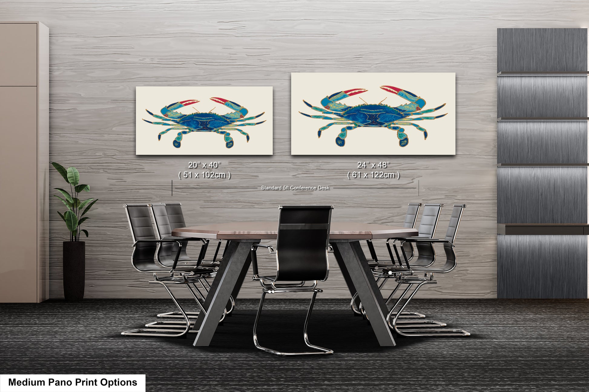 a dining room table with chairs and two paintings of crabs on the wall