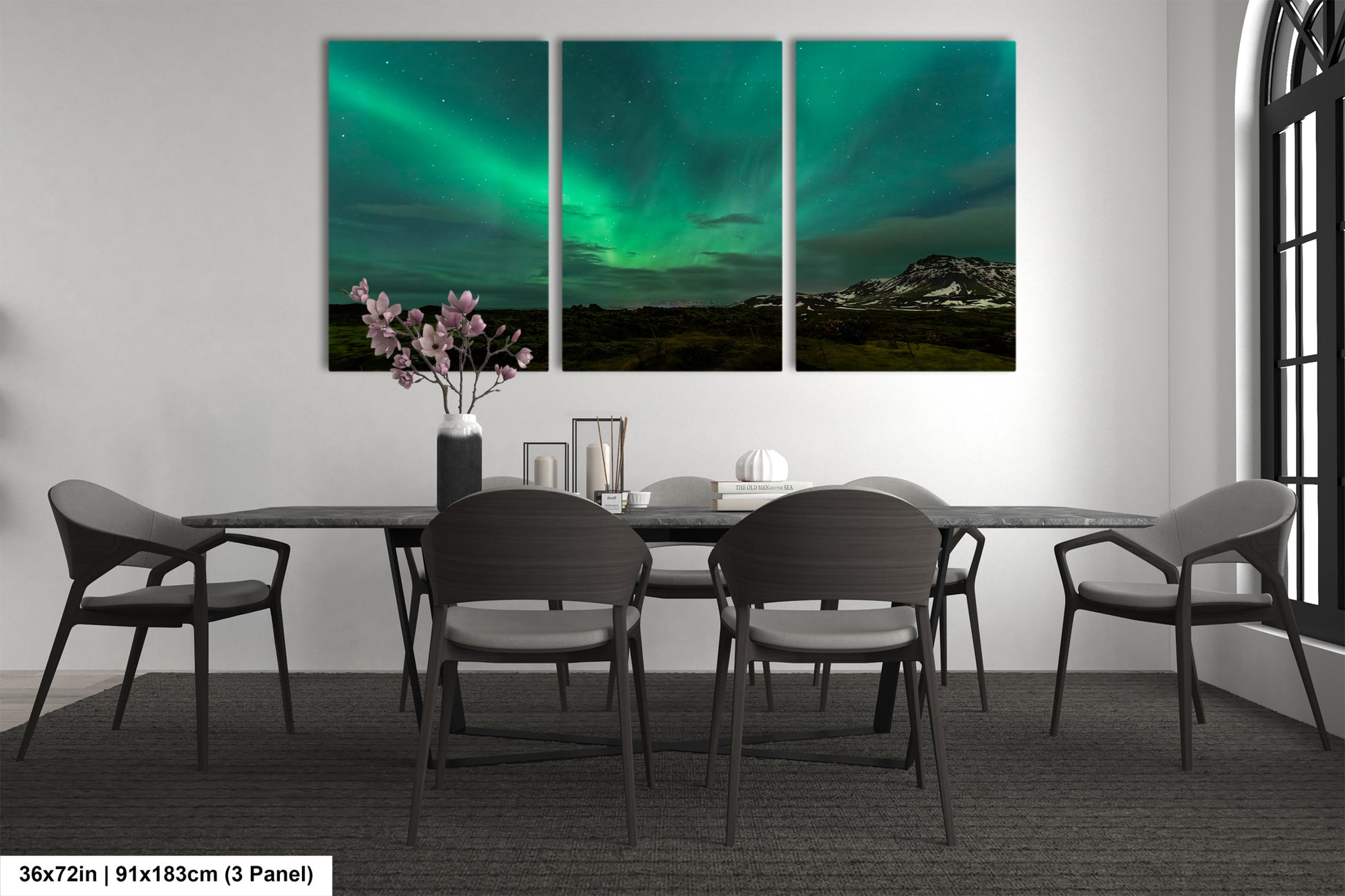 a dining room with a table and chairs