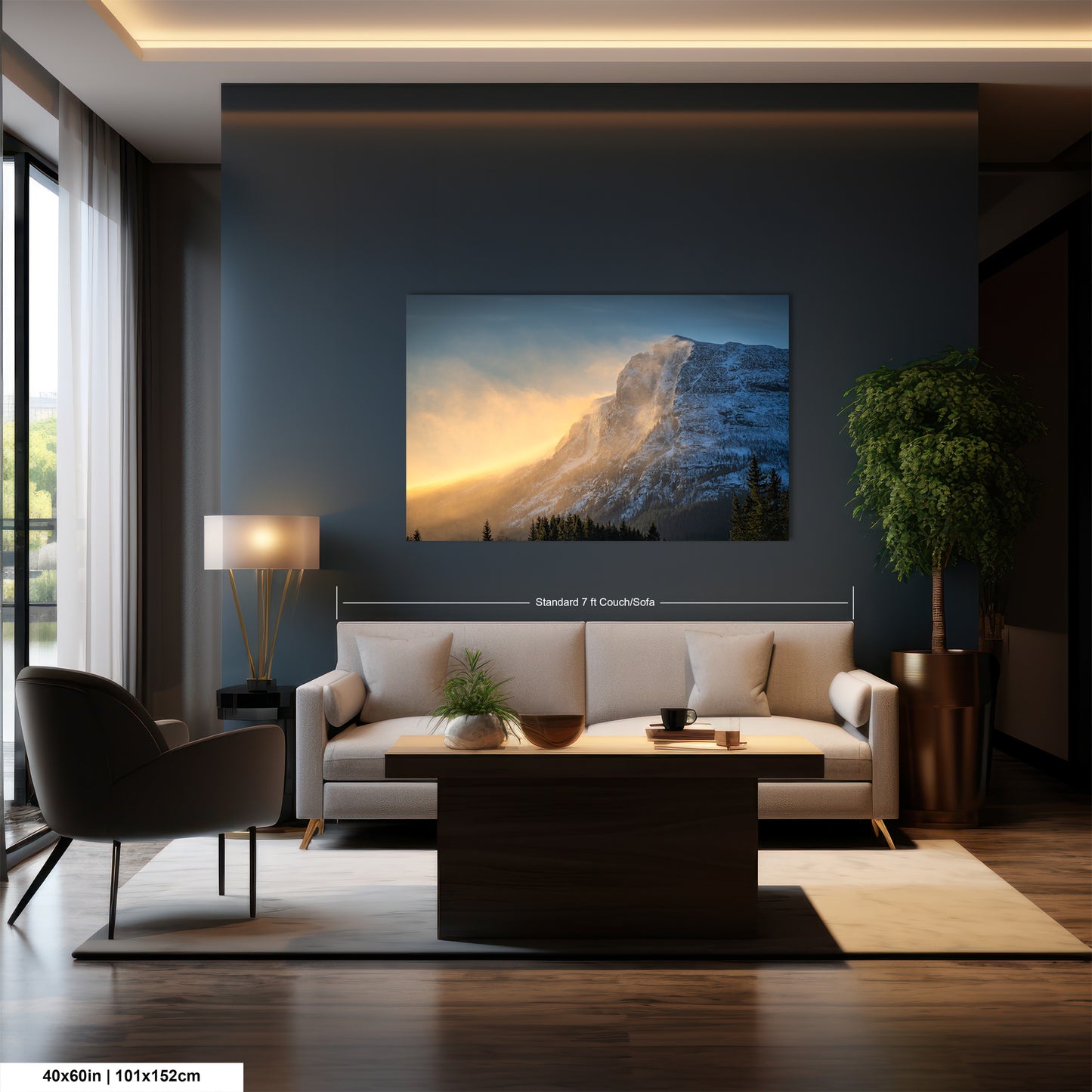 a living room with a large painting on the wall