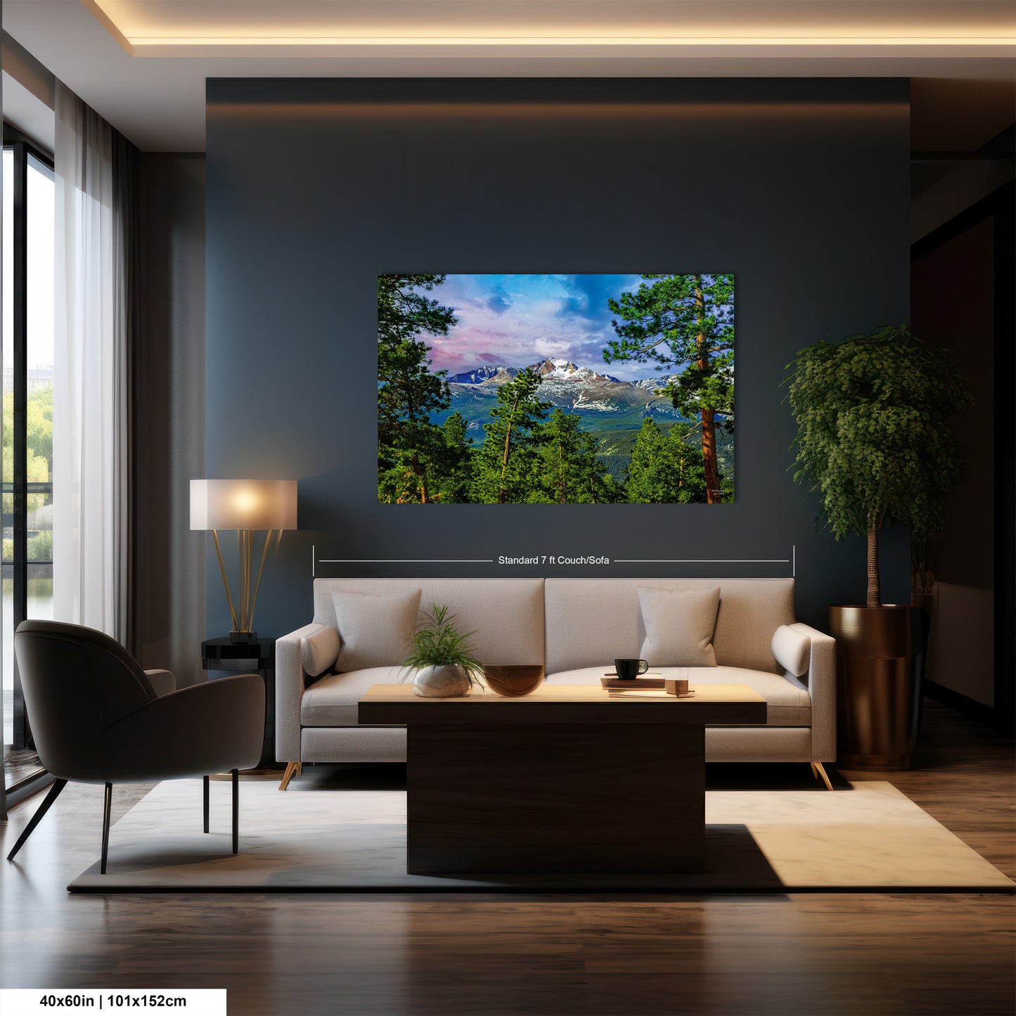 a living room filled with furniture and a painting on the wall