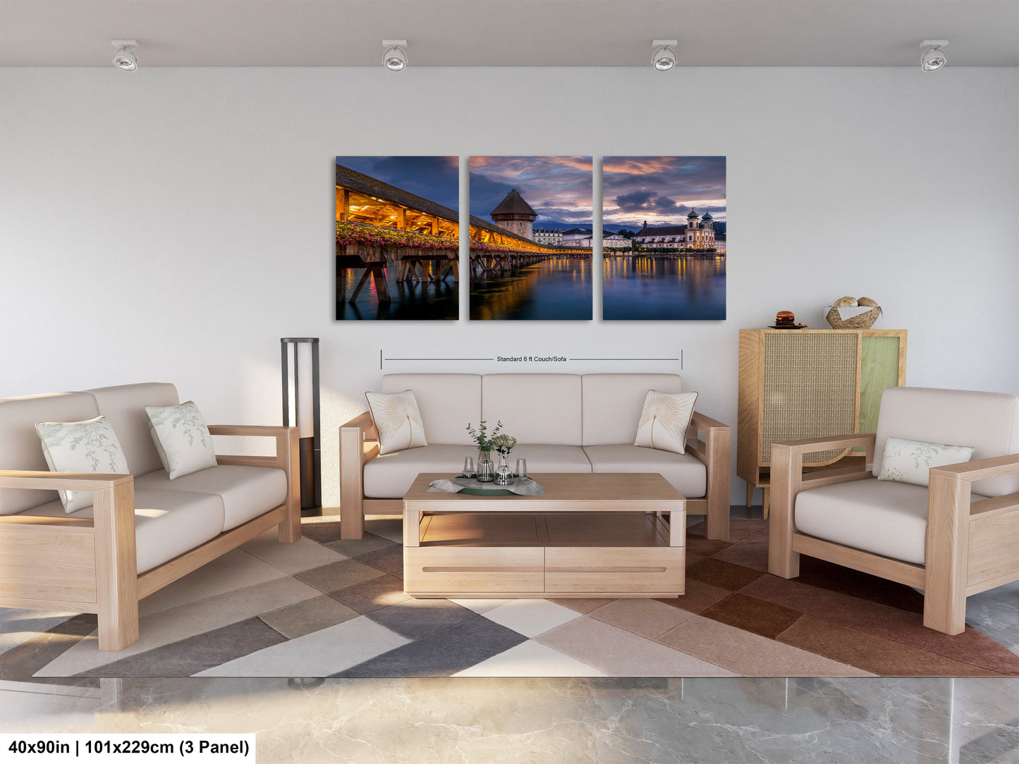 a living room filled with furniture and a painting on the wall