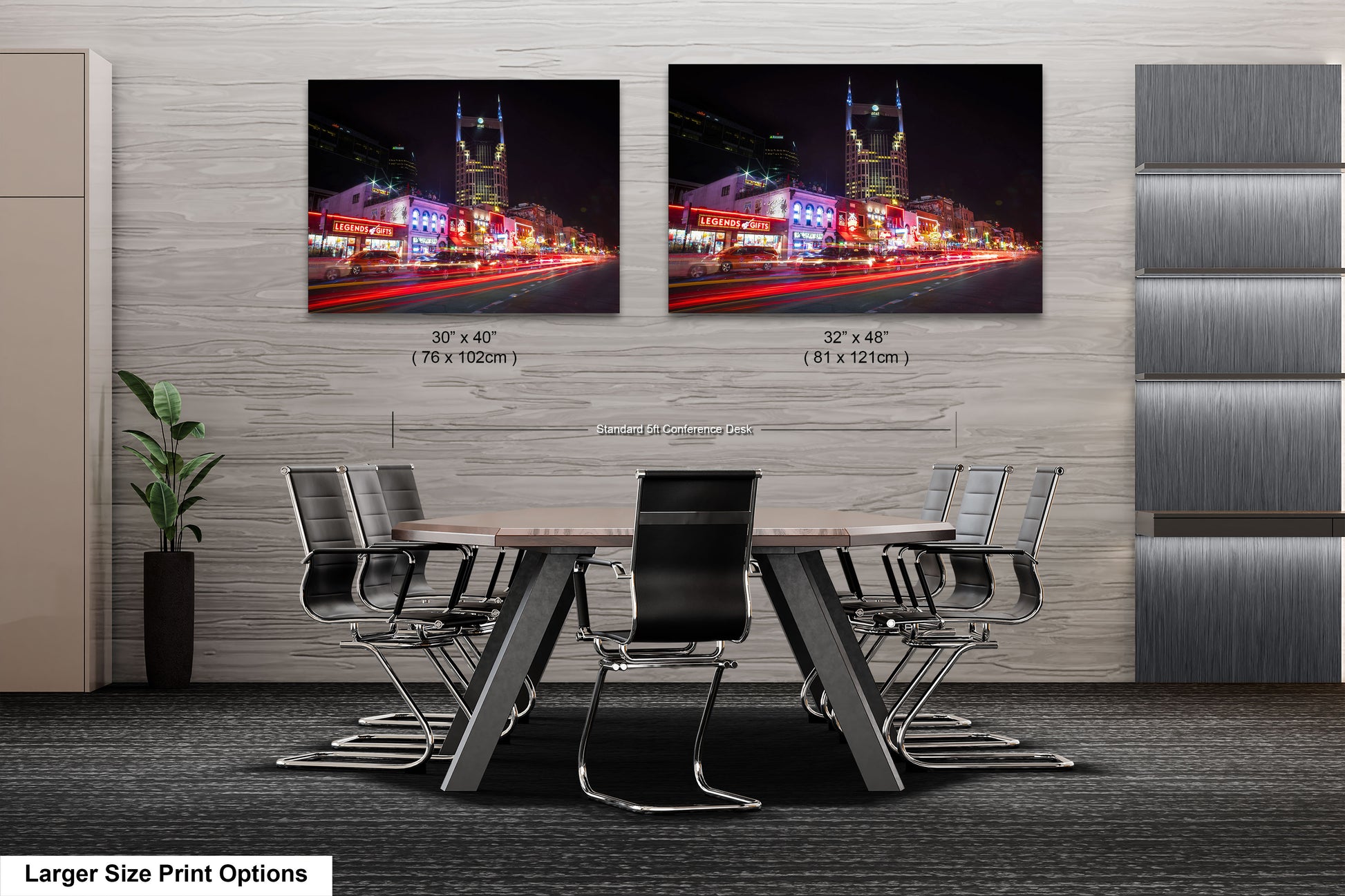 two pictures of a city at night with a table and chairs