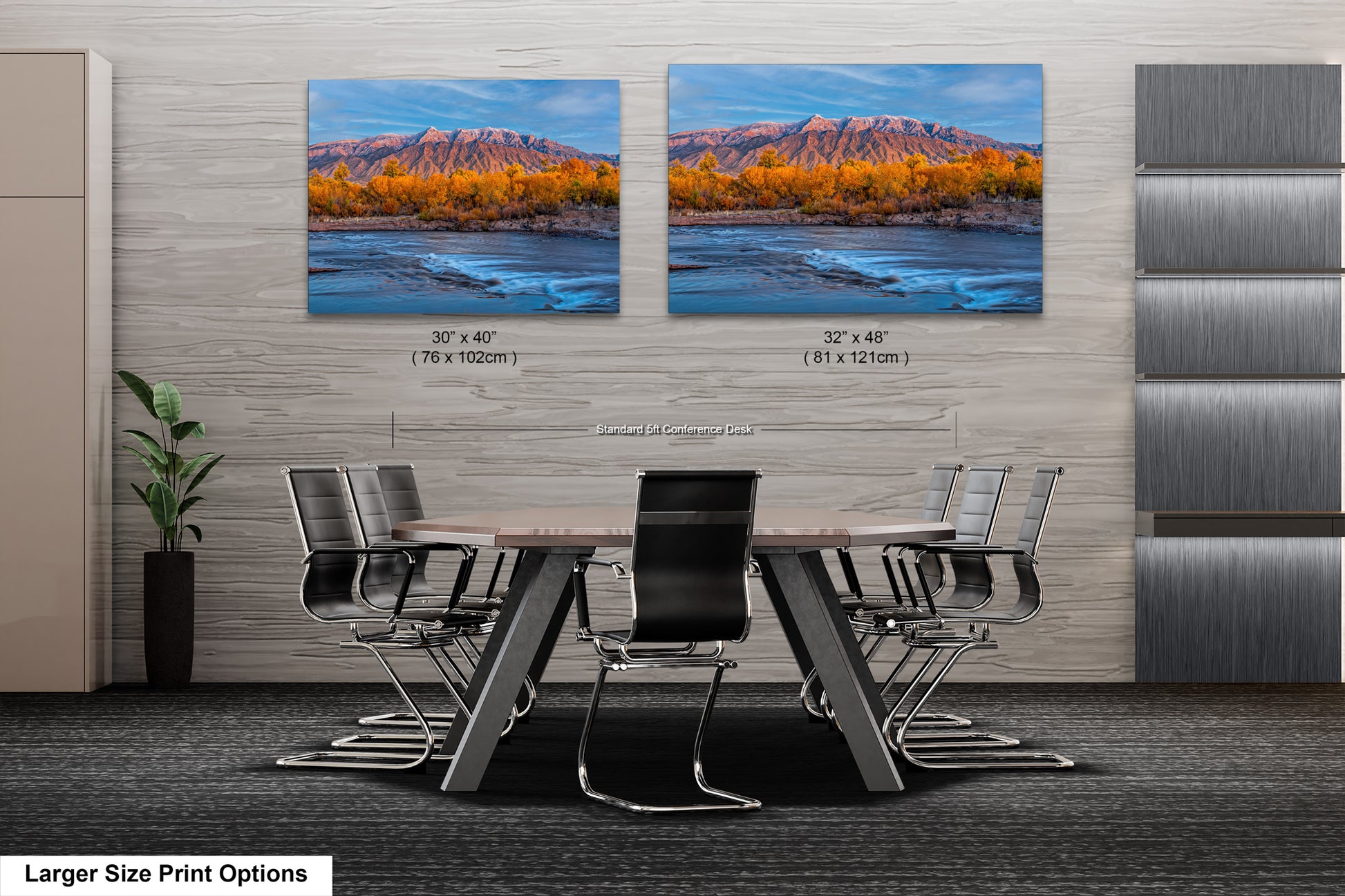 a dining room table with chairs and two pictures on the wall