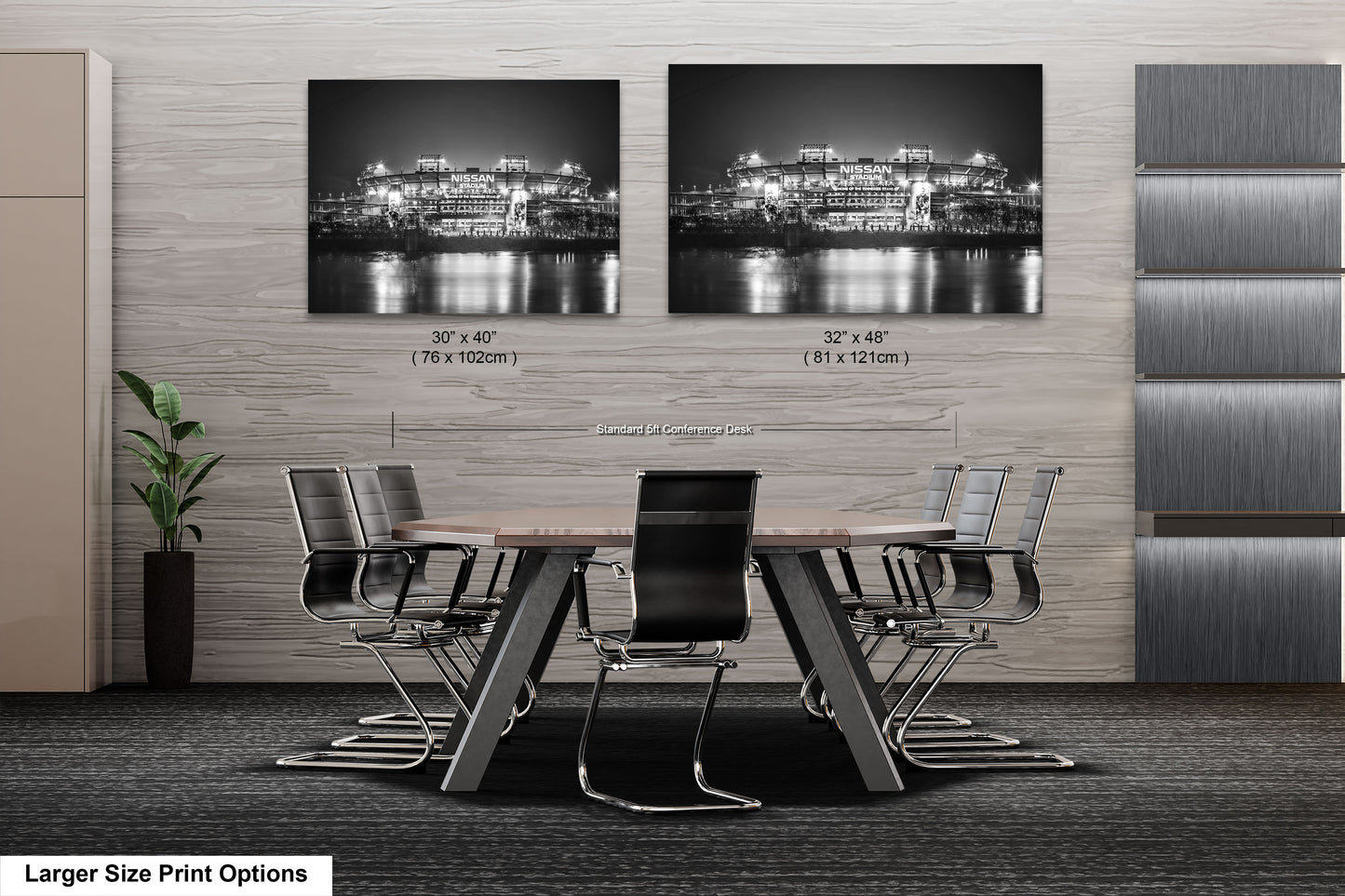 a dining room table with chairs in front of a wall with a picture of a