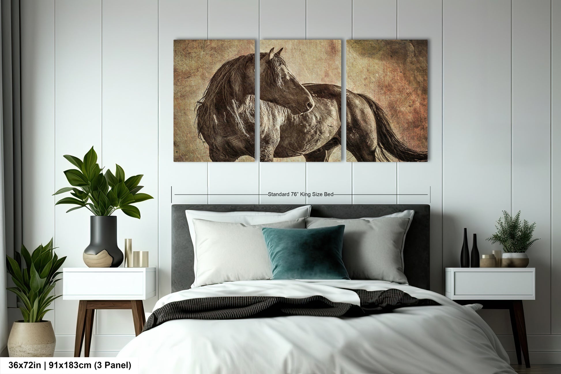a bedroom with a bed and two paintings on the wall