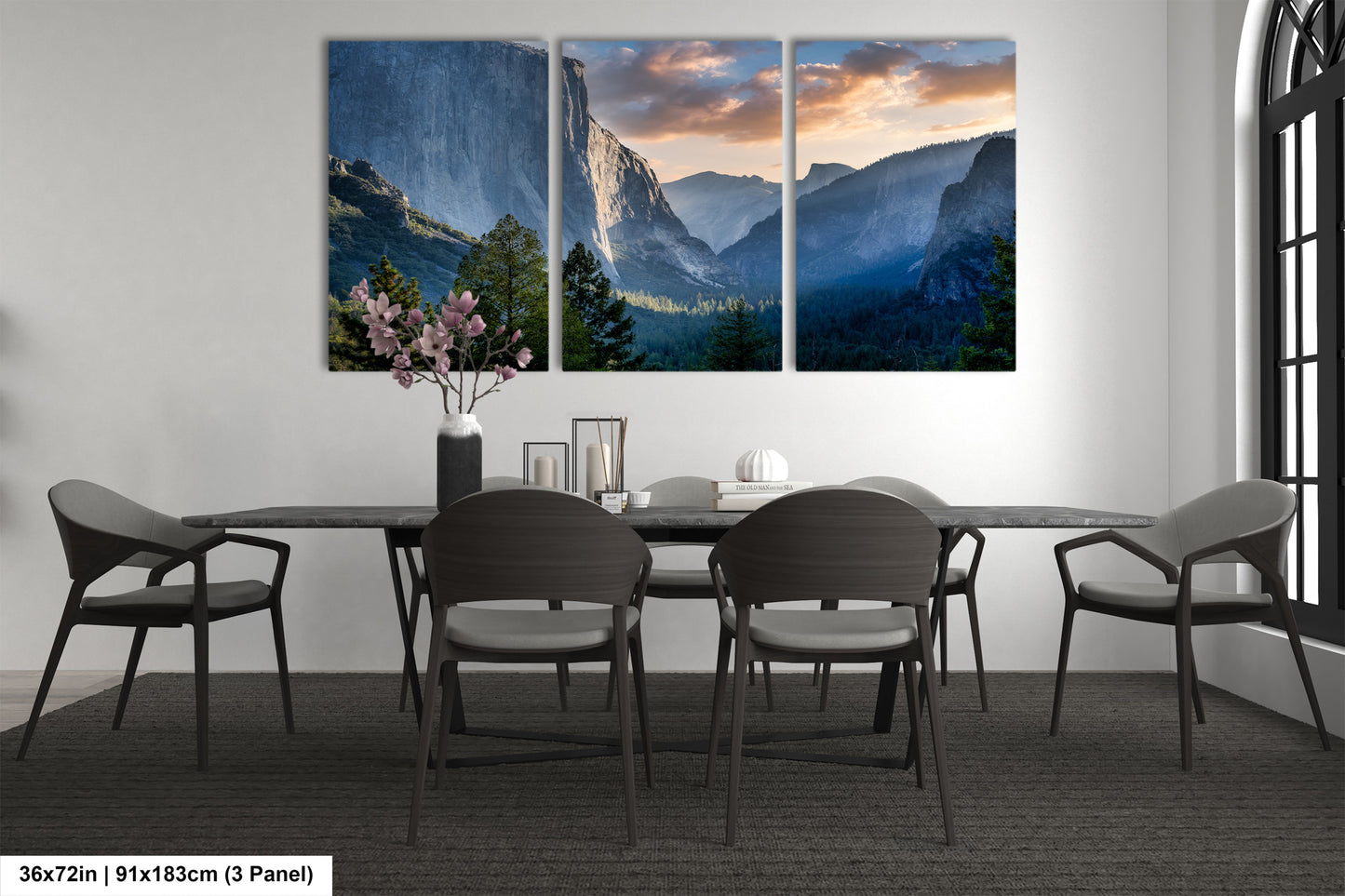 a dining room with a table and chairs
