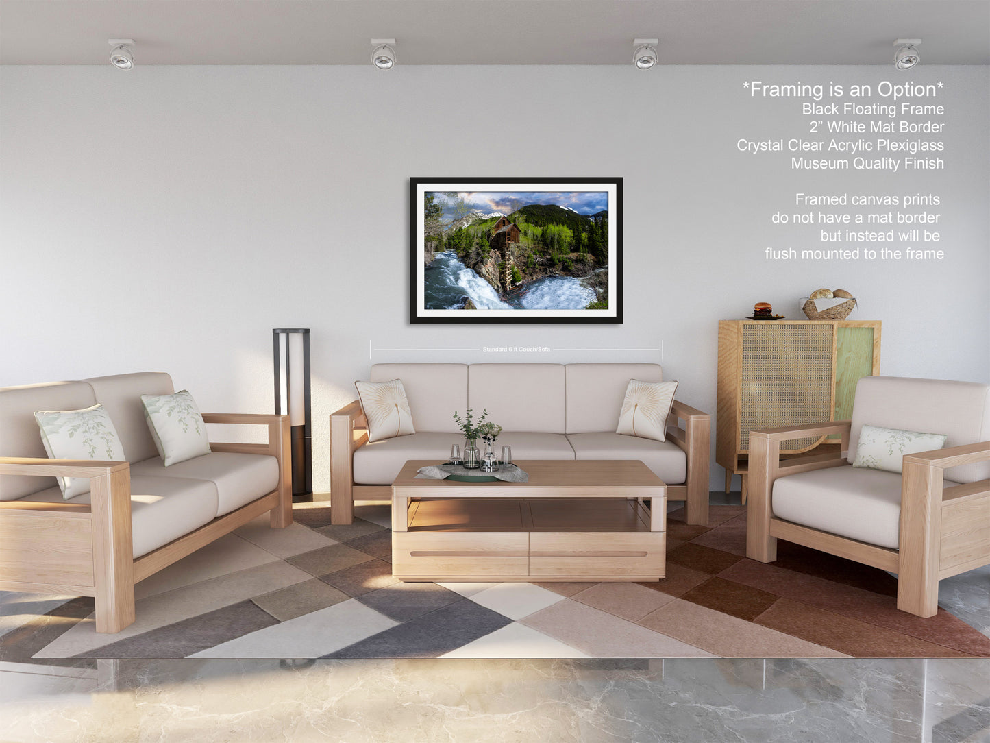 a living room filled with furniture and a painting on the wall