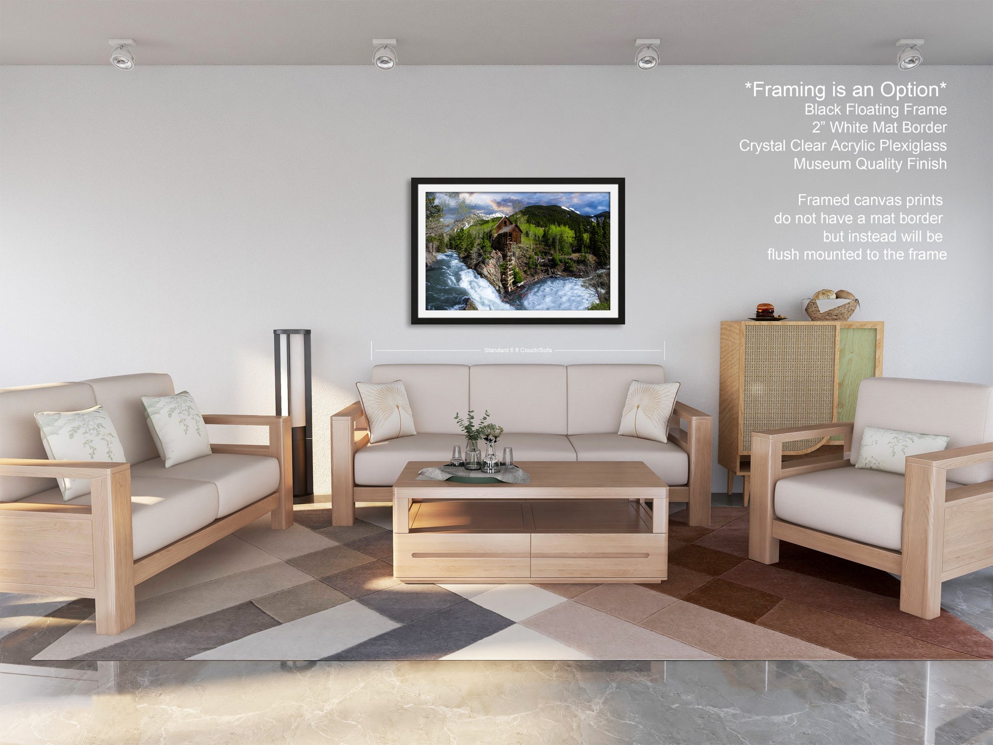 a living room filled with furniture and a painting on the wall