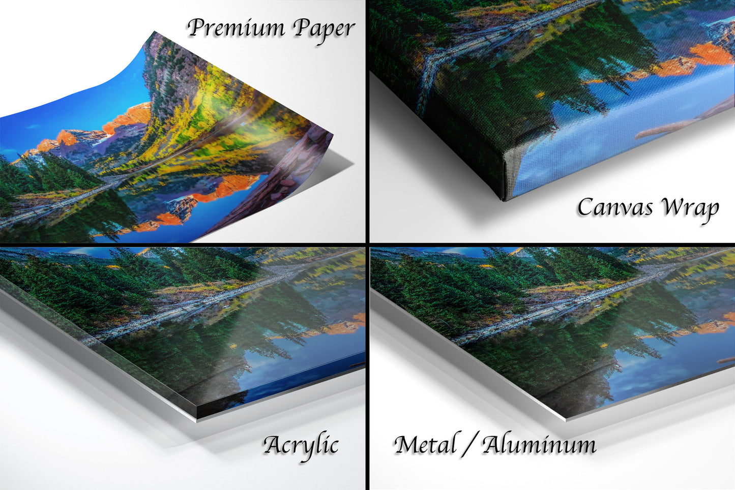 a series of four images of a mountain lake