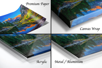 a series of four images of a mountain lake