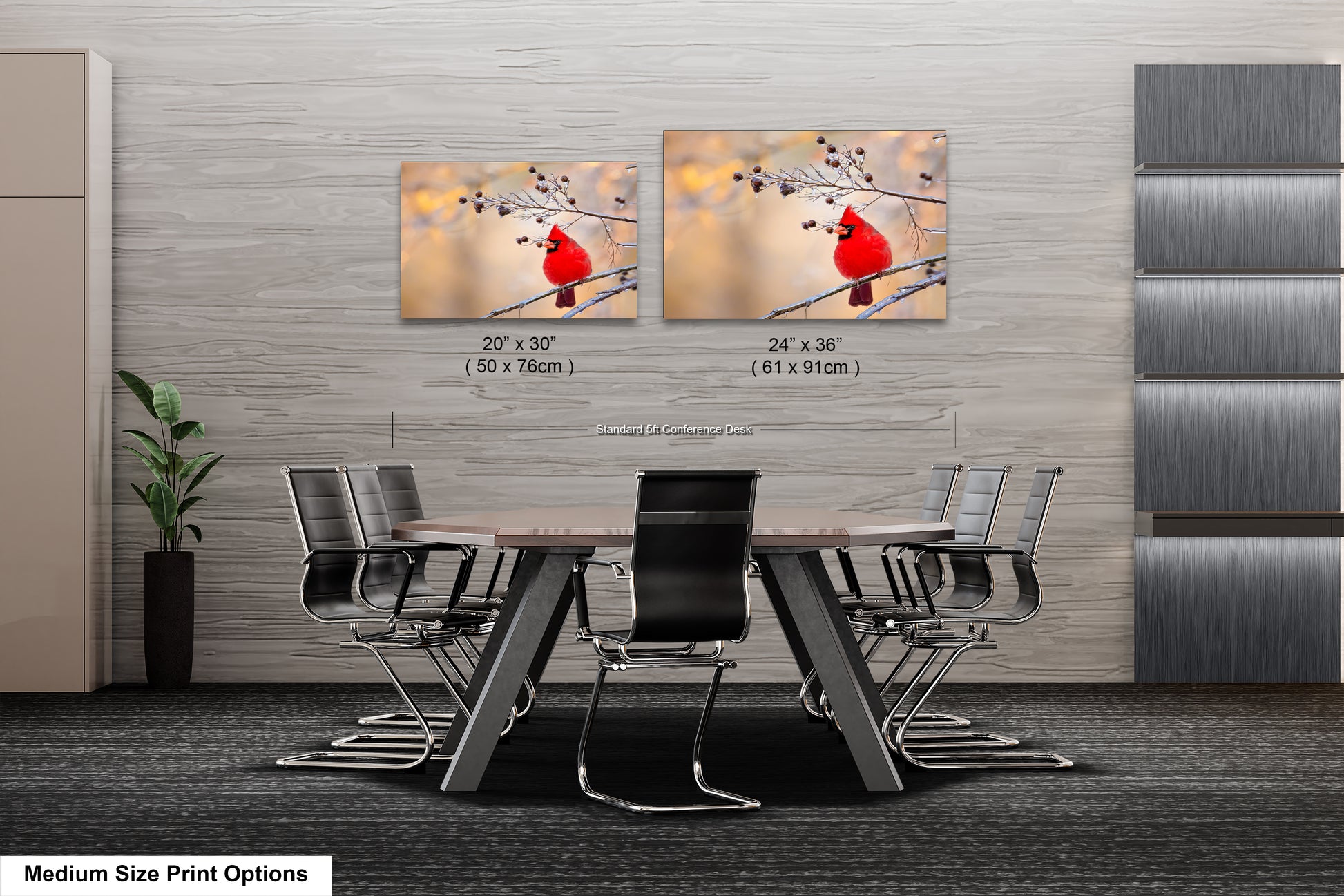 a dining room table with chairs and a red bird on a branch