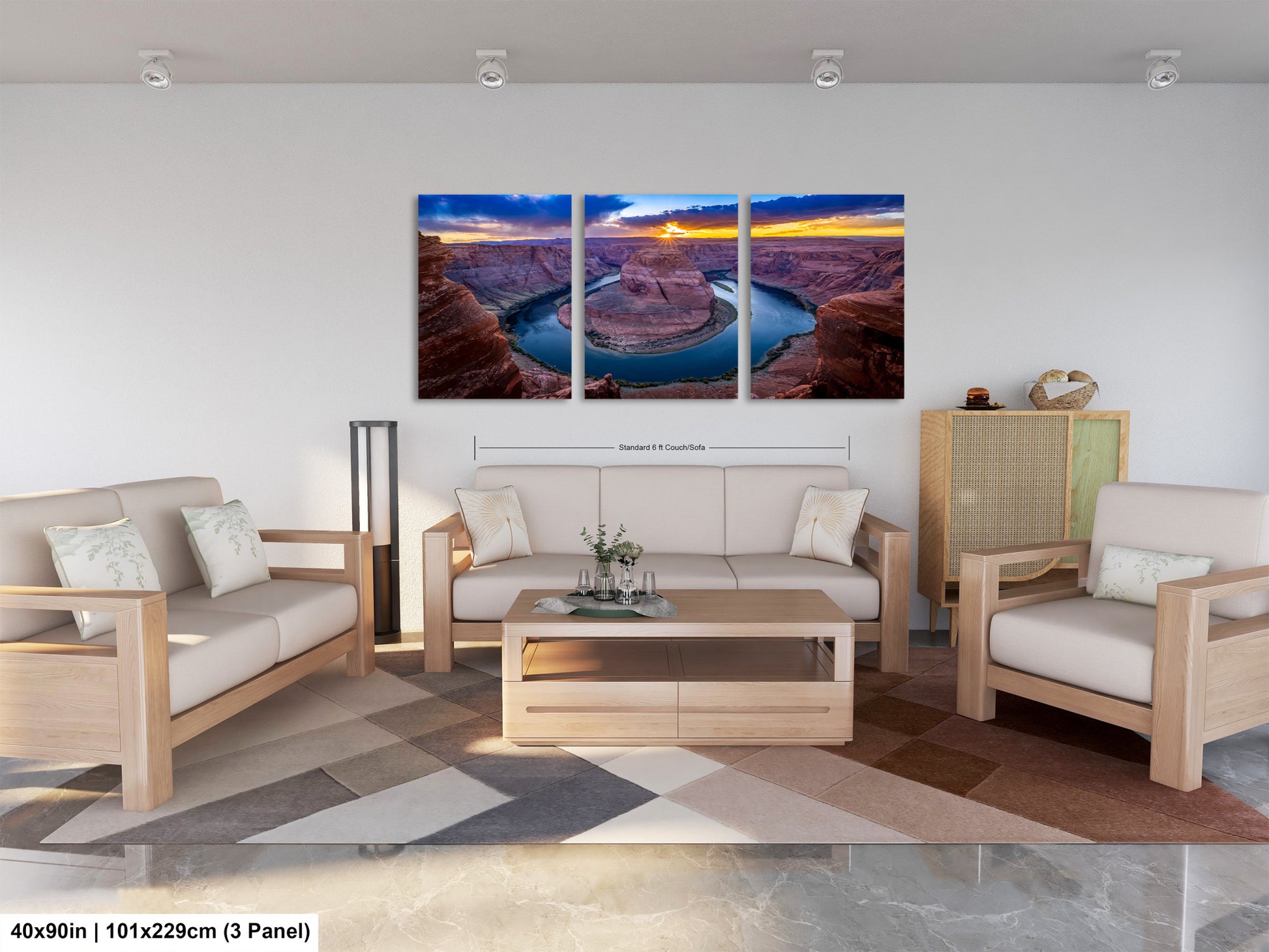 a living room filled with furniture and a painting on the wall